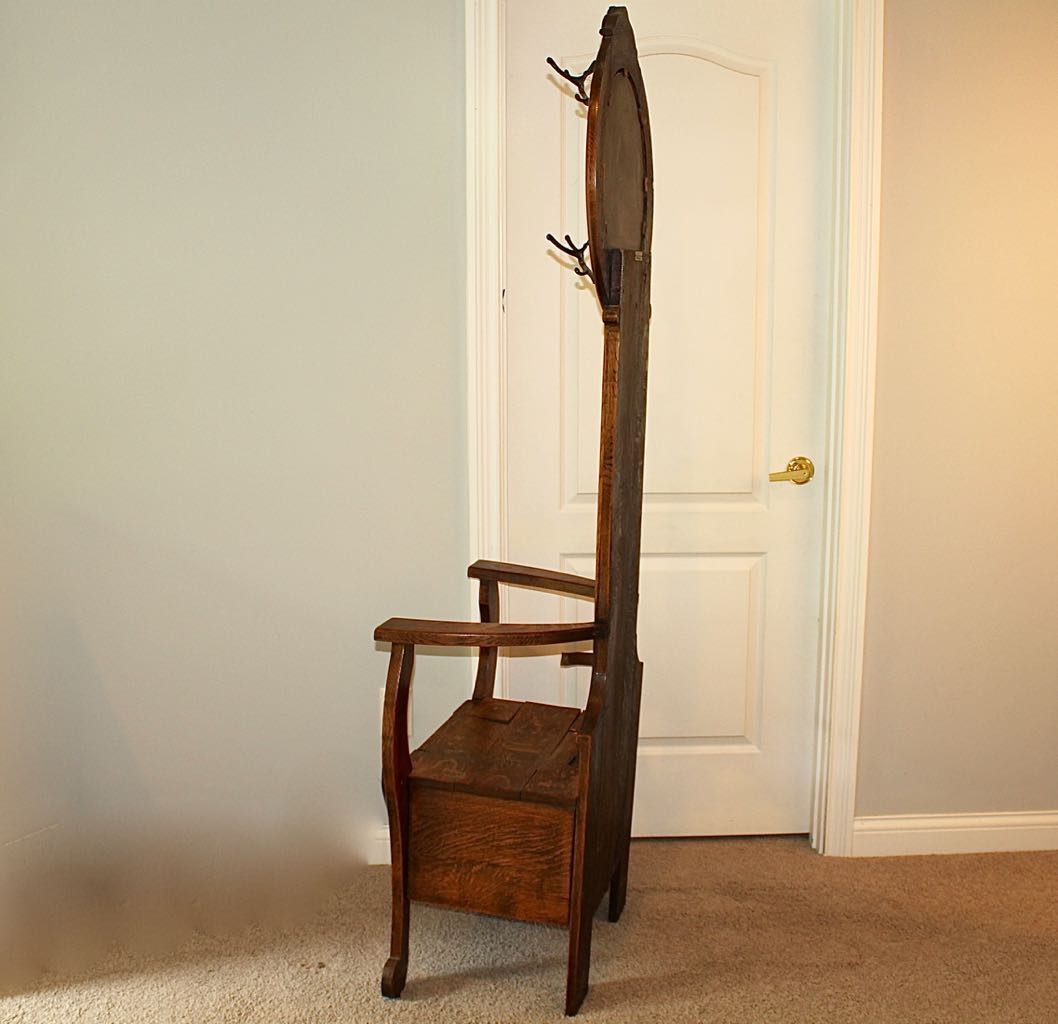 Antique Oak Mirrored Hall Tree Chair with Side Umbrella Stand