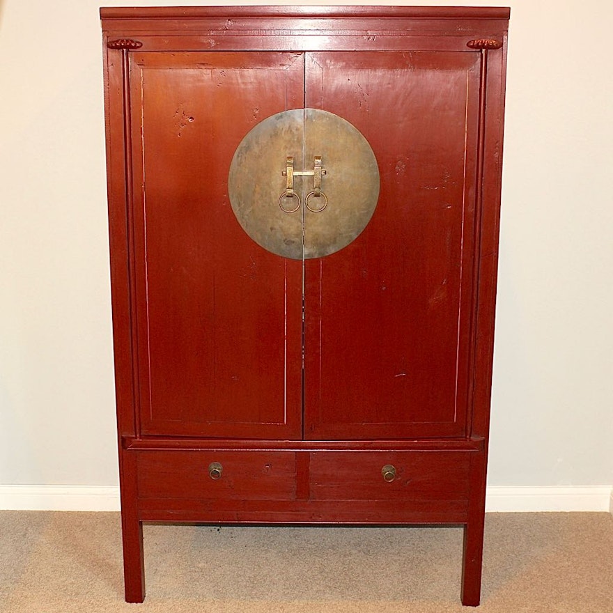 Red Asian Cabinet with Round Brass Face Plate & Latch