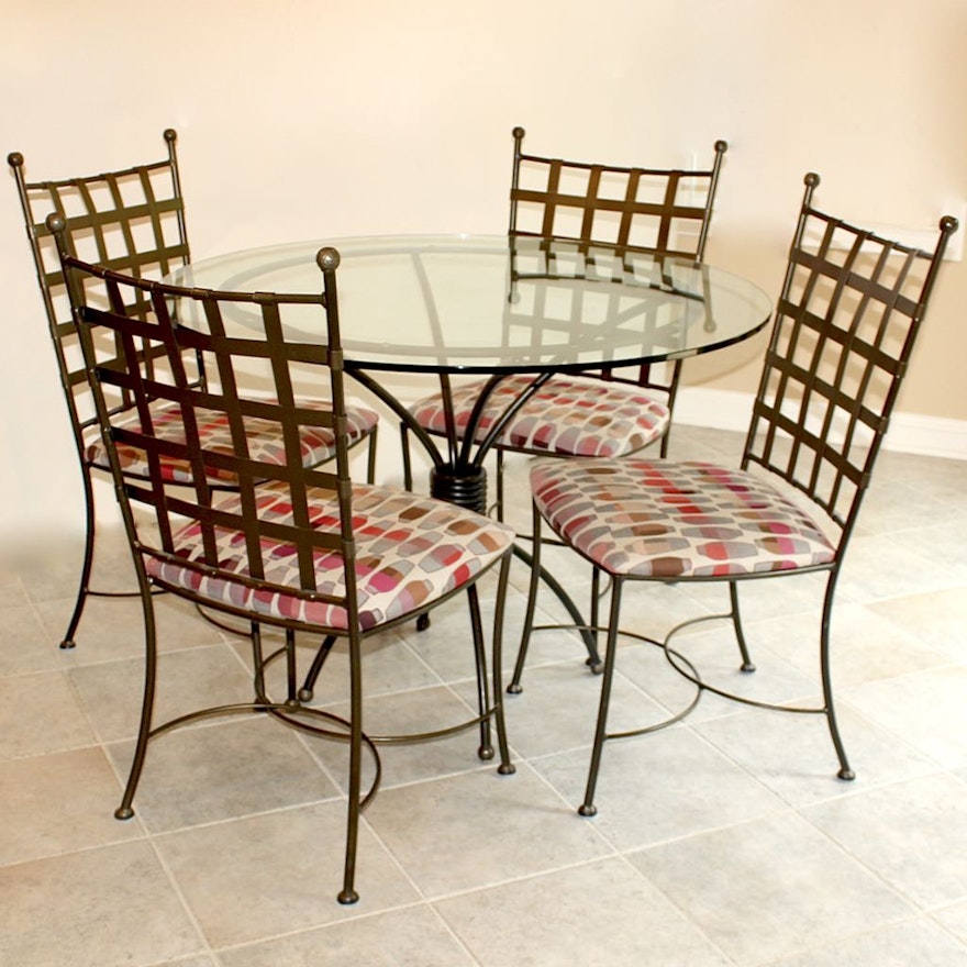 Glass Top Dining Table with Four Wrought Iron Chairs