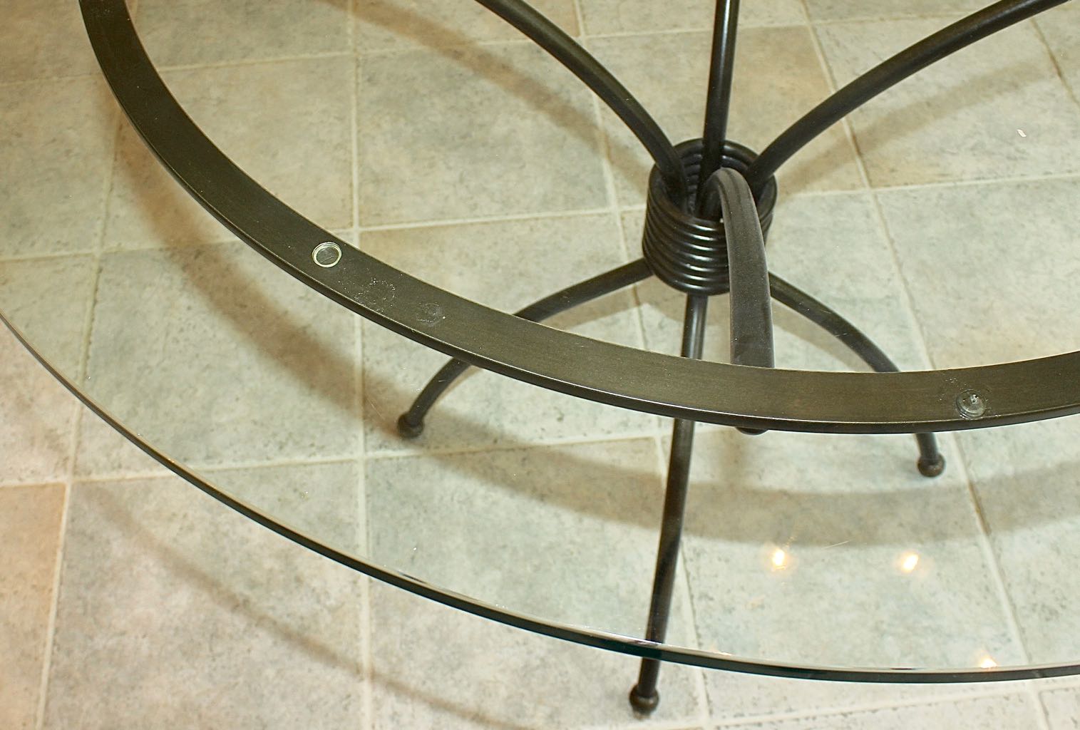 Glass Top Dining Table with Four Wrought Iron Chairs