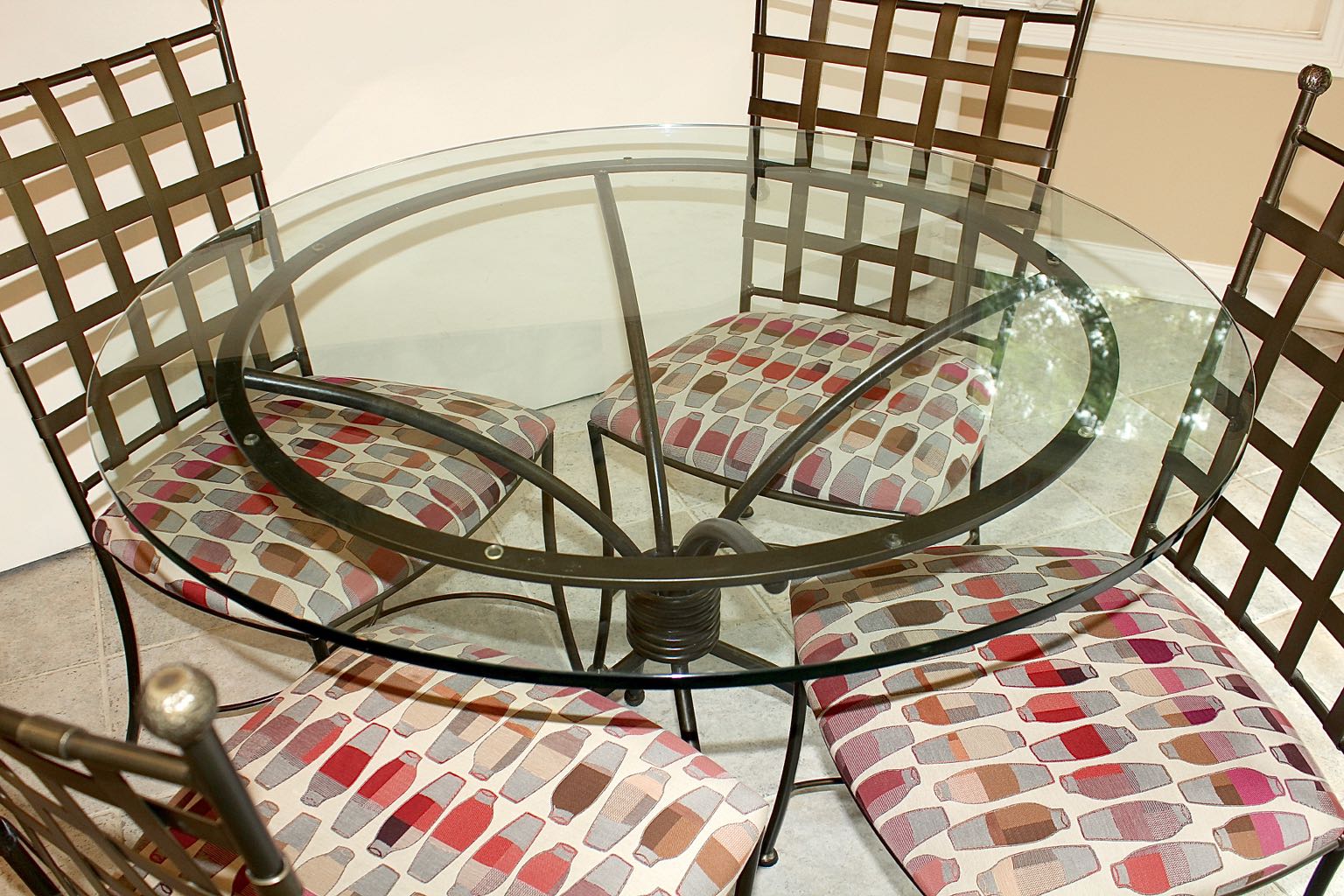 Glass Top Dining Table with Four Wrought Iron Chairs