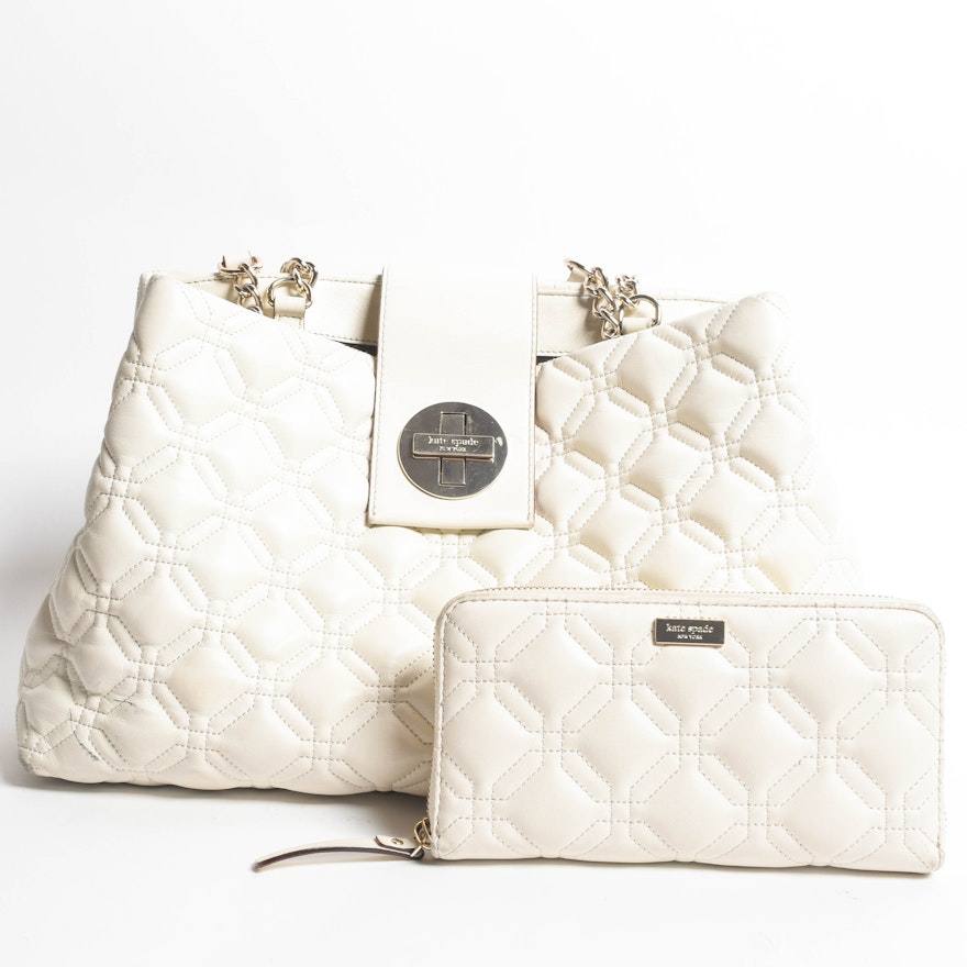 Kate Spade Ivory White Quilted Leather Handbag and Zip Around Wallet