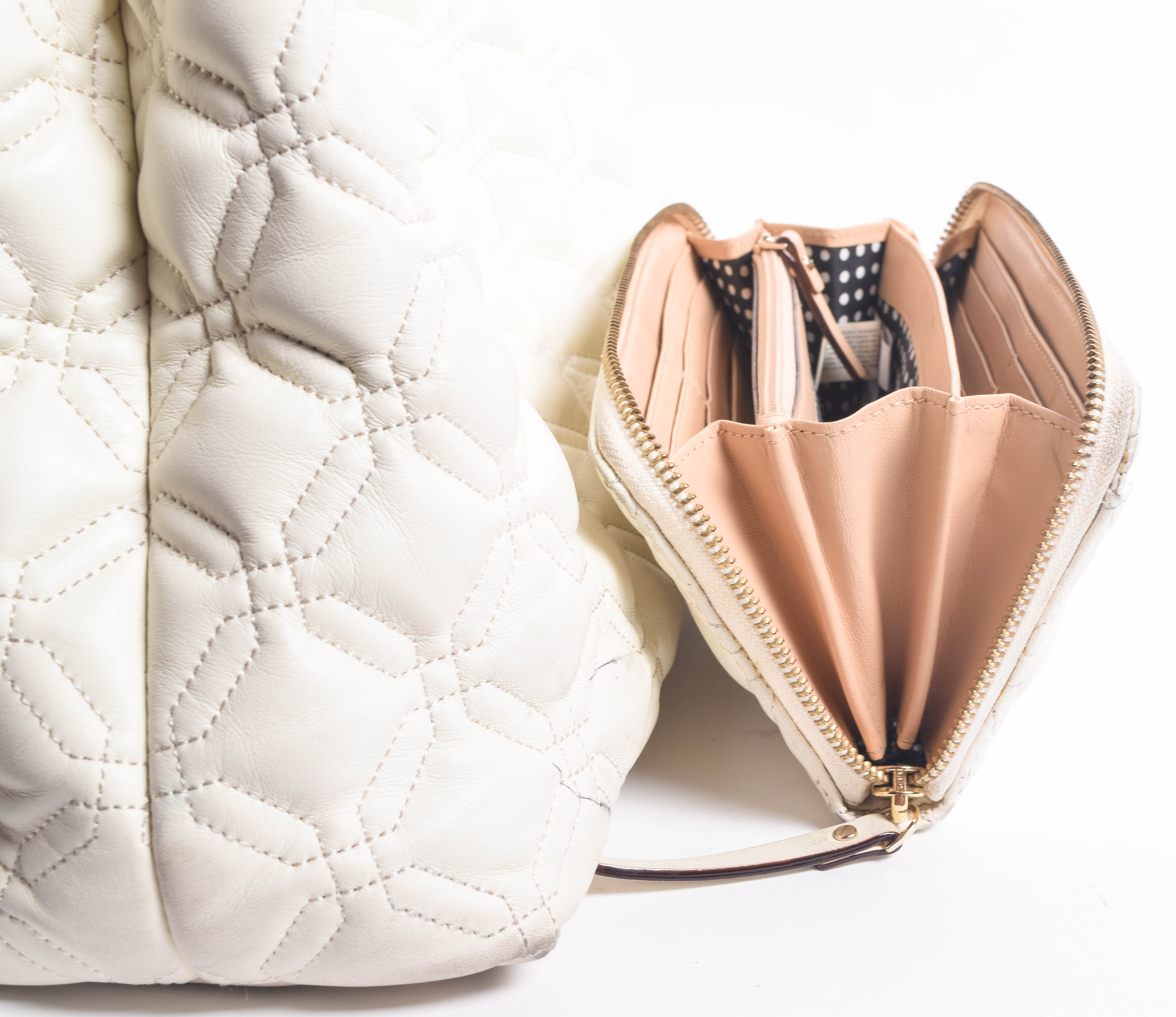 Kate Spade Ivory White Quilted Leather Handbag and Zip Around Wallet