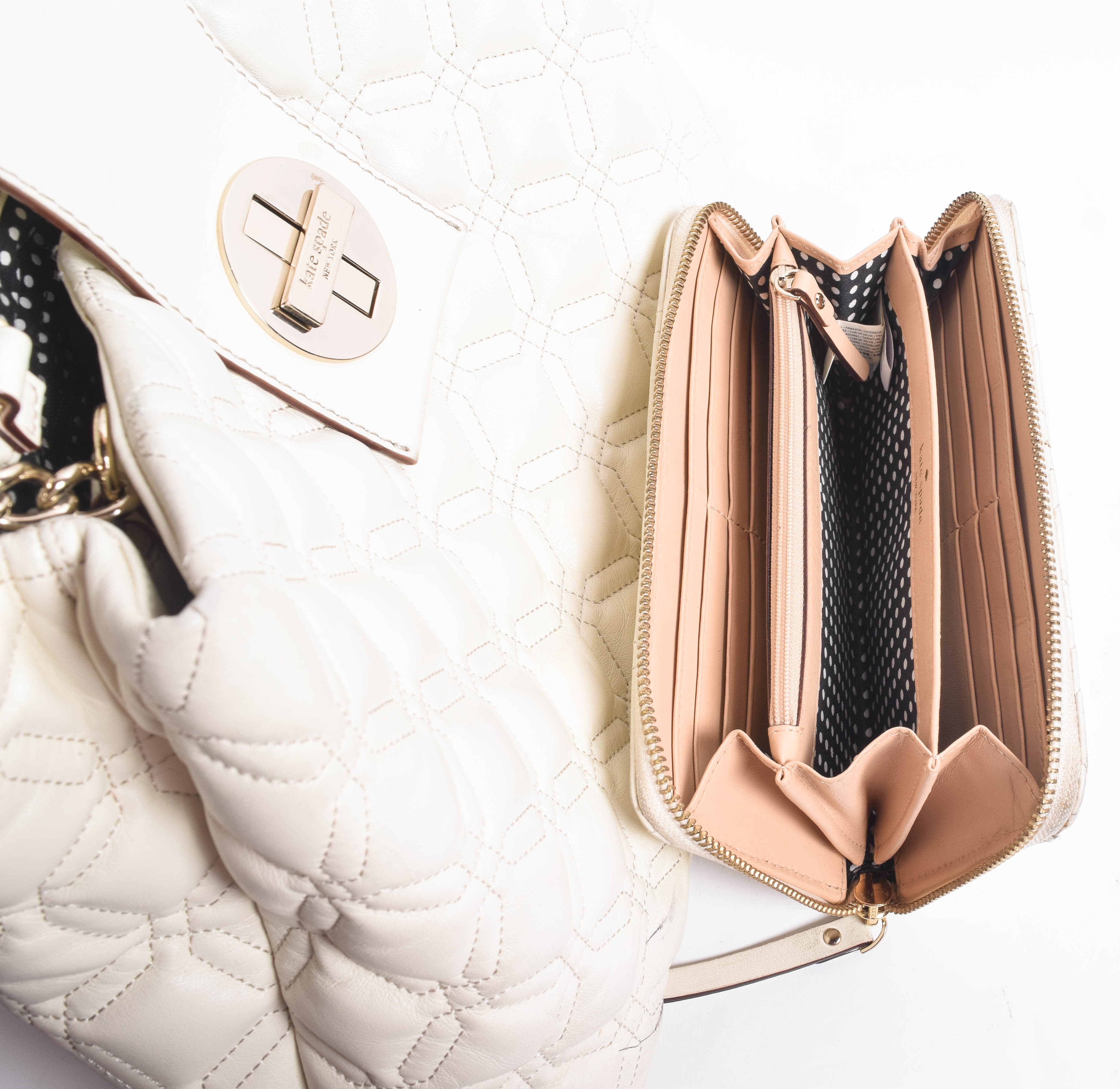 Kate Spade Ivory White Quilted Leather Handbag and Zip Around Wallet