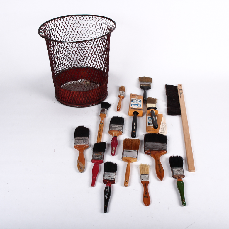 Metal Waste Basket and Paint Brushes