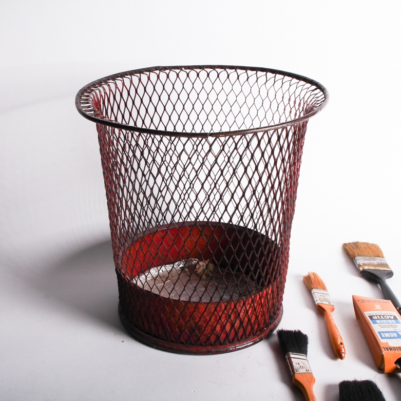 Metal Waste Basket and Paint Brushes