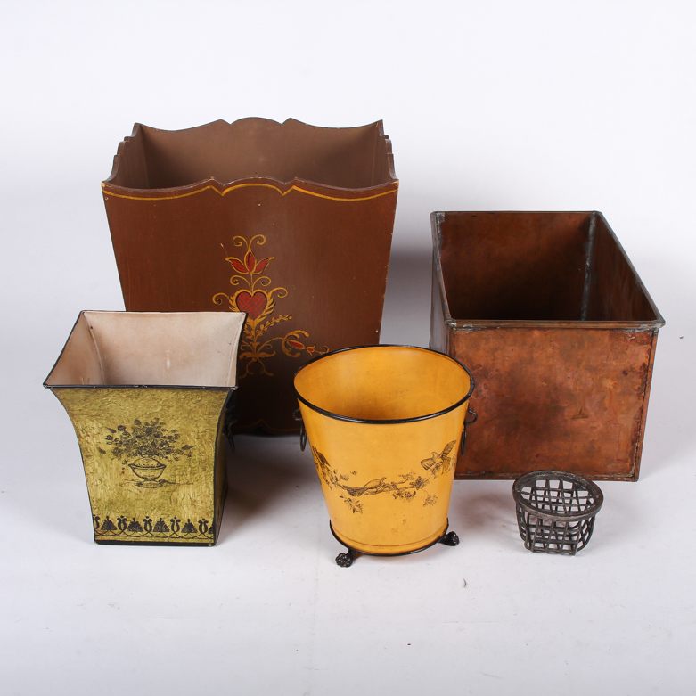 Collection of Metal Container with Vintage Flower Holders