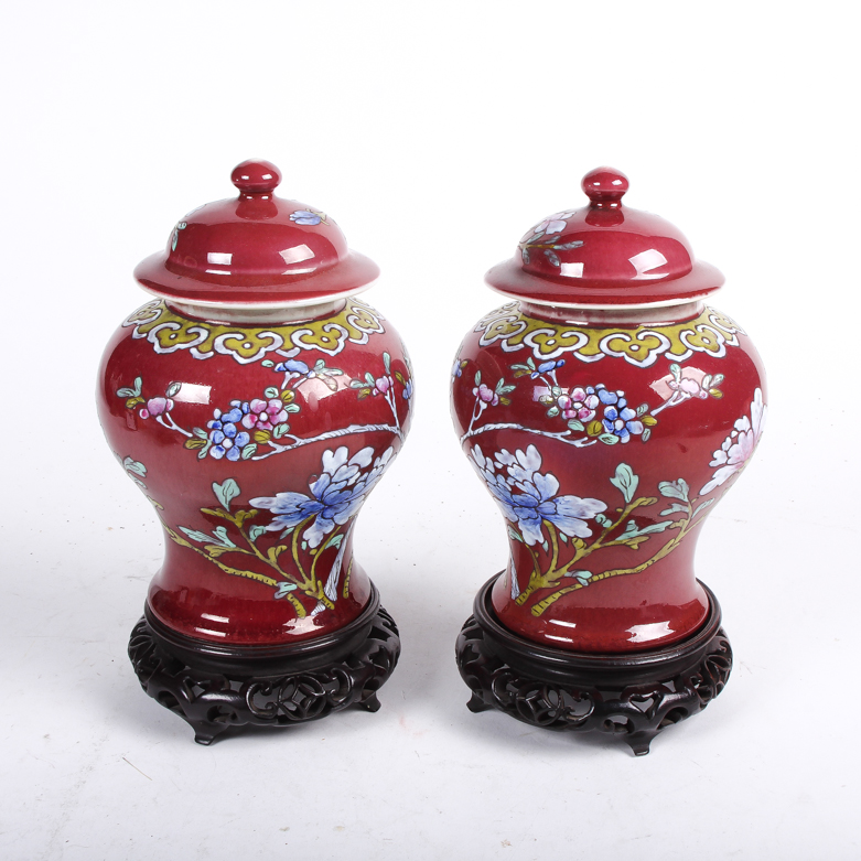 Pair of Chinese Ginger Jars with Rosewood Bases