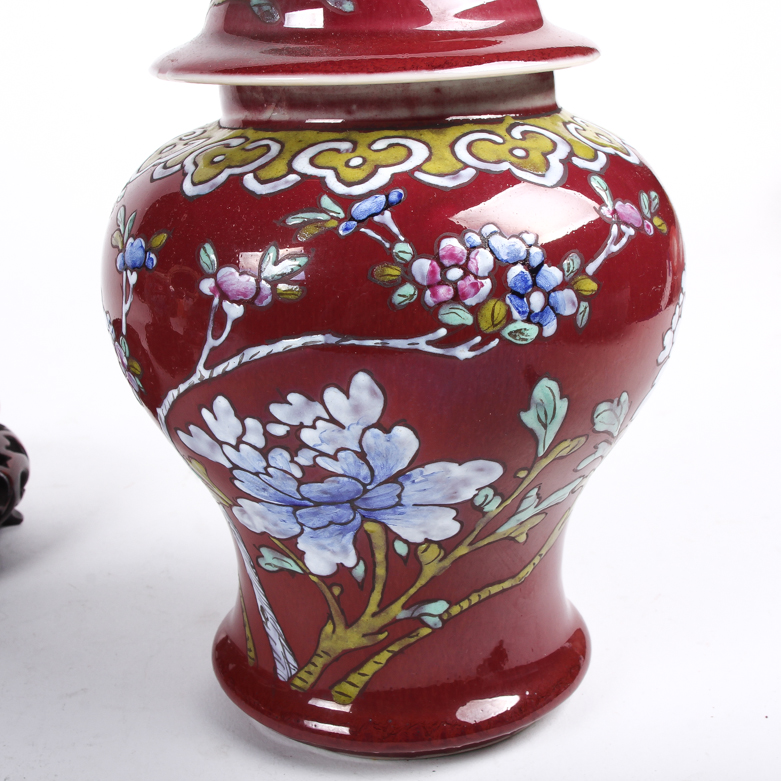 Pair of Chinese Ginger Jars with Rosewood Bases