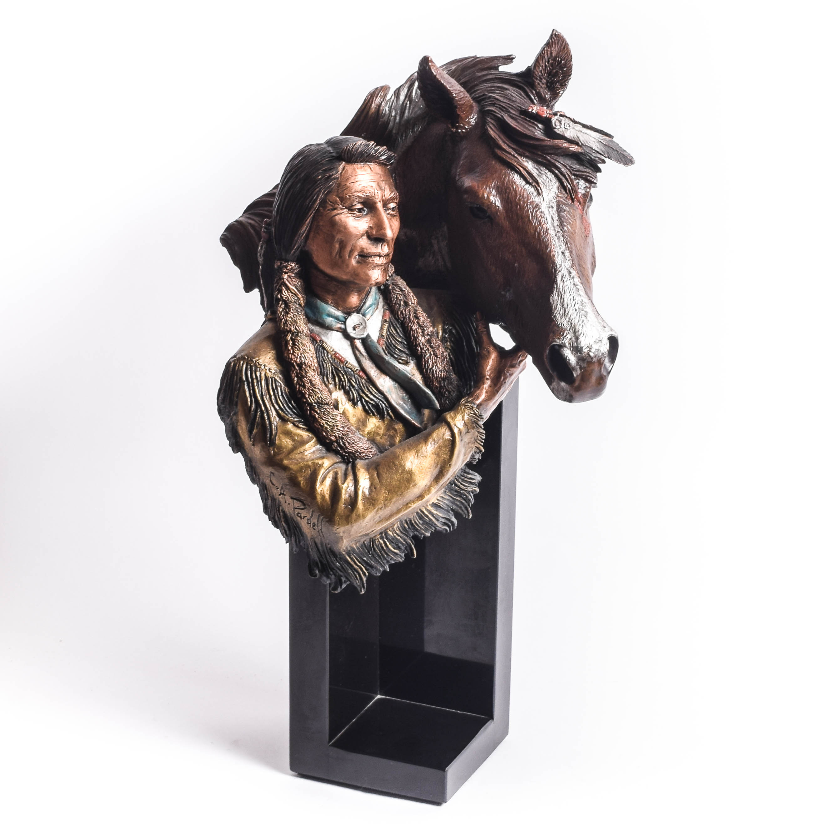 C.A. Pardell Reproduction Metal Sculpture of a Native American Man with Horse