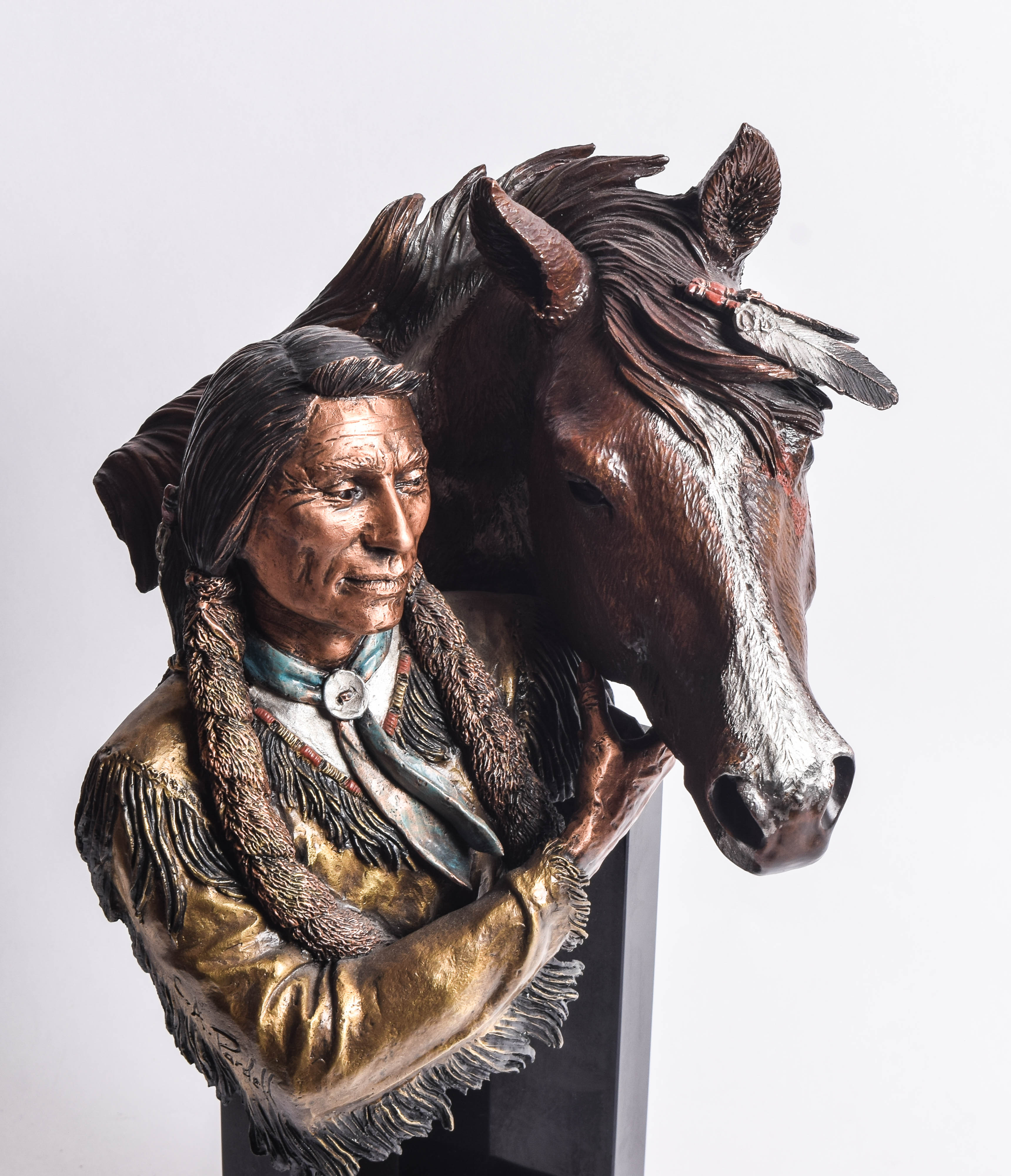 C.A. Pardell Reproduction Metal Sculpture of a Native American Man with Horse