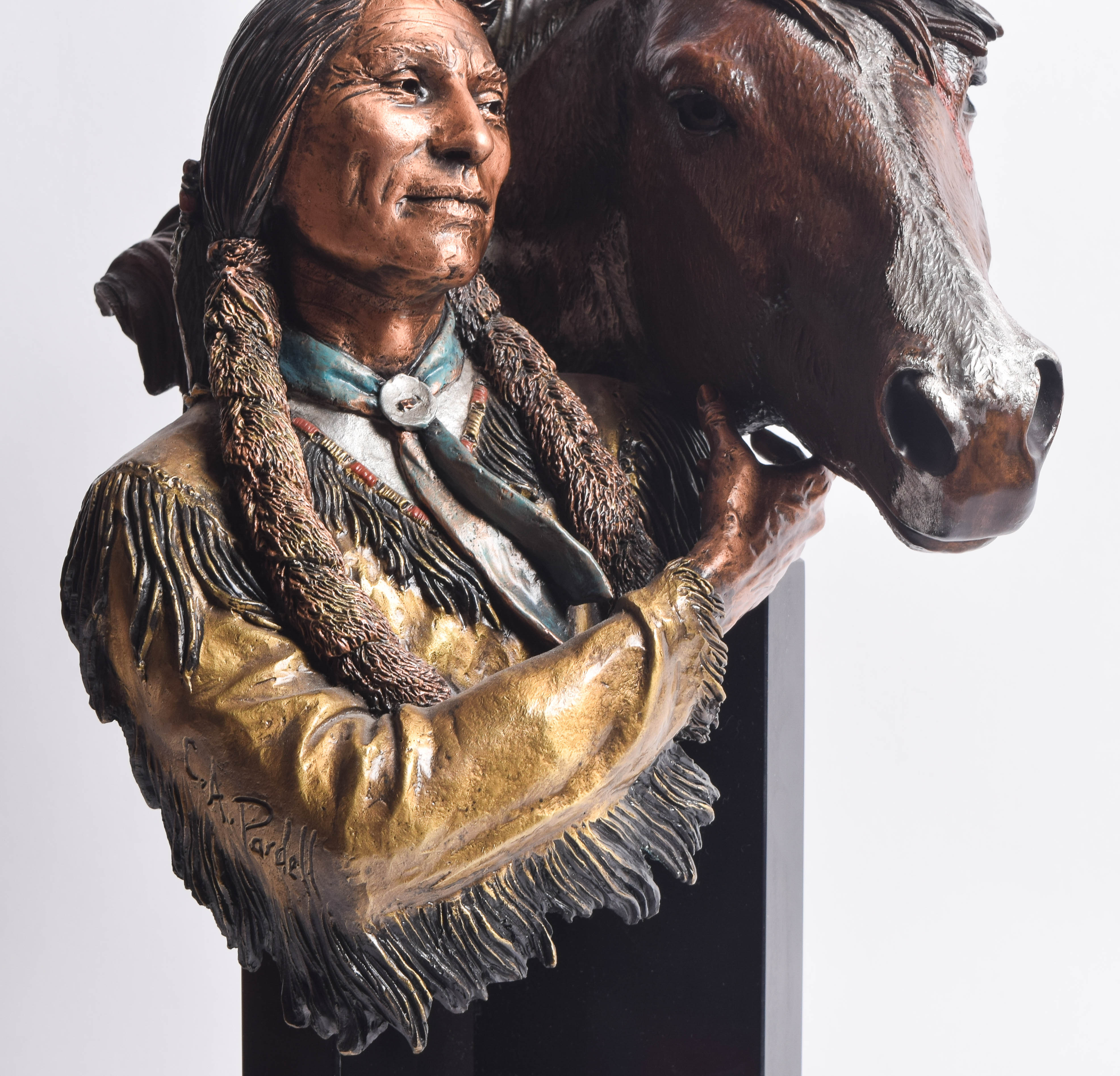 C.A. Pardell Reproduction Metal Sculpture of a Native American Man with Horse