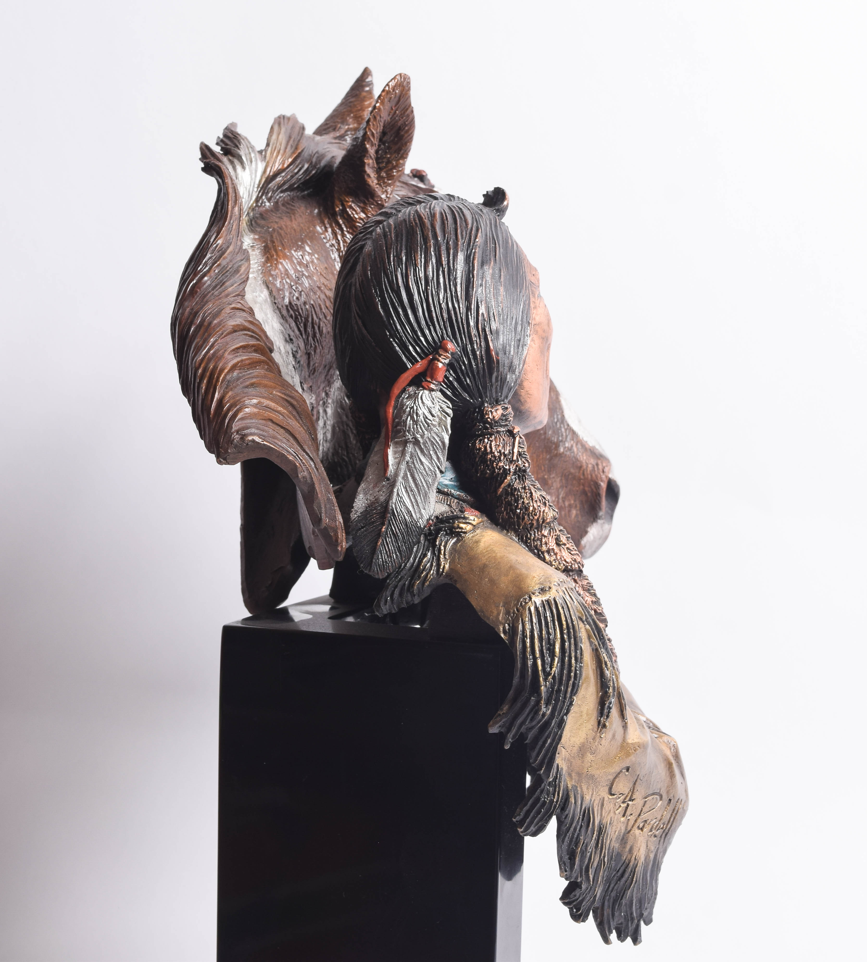 C.A. Pardell Reproduction Metal Sculpture of a Native American Man with Horse