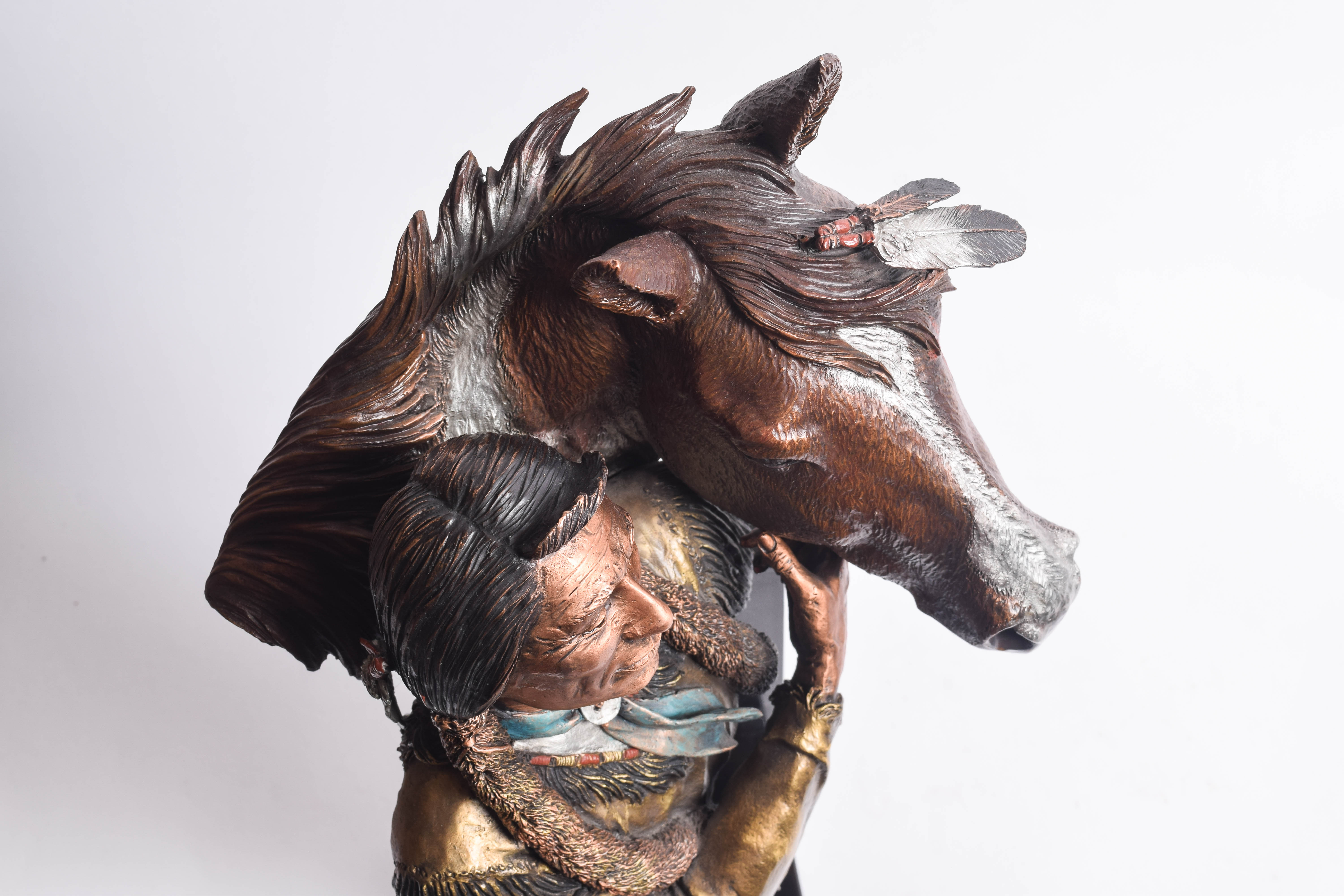 C.A. Pardell Reproduction Metal Sculpture of a Native American Man with Horse