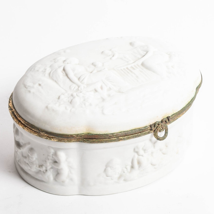 Limoges Porcelain Trinket Box with Raised Cherub Motif