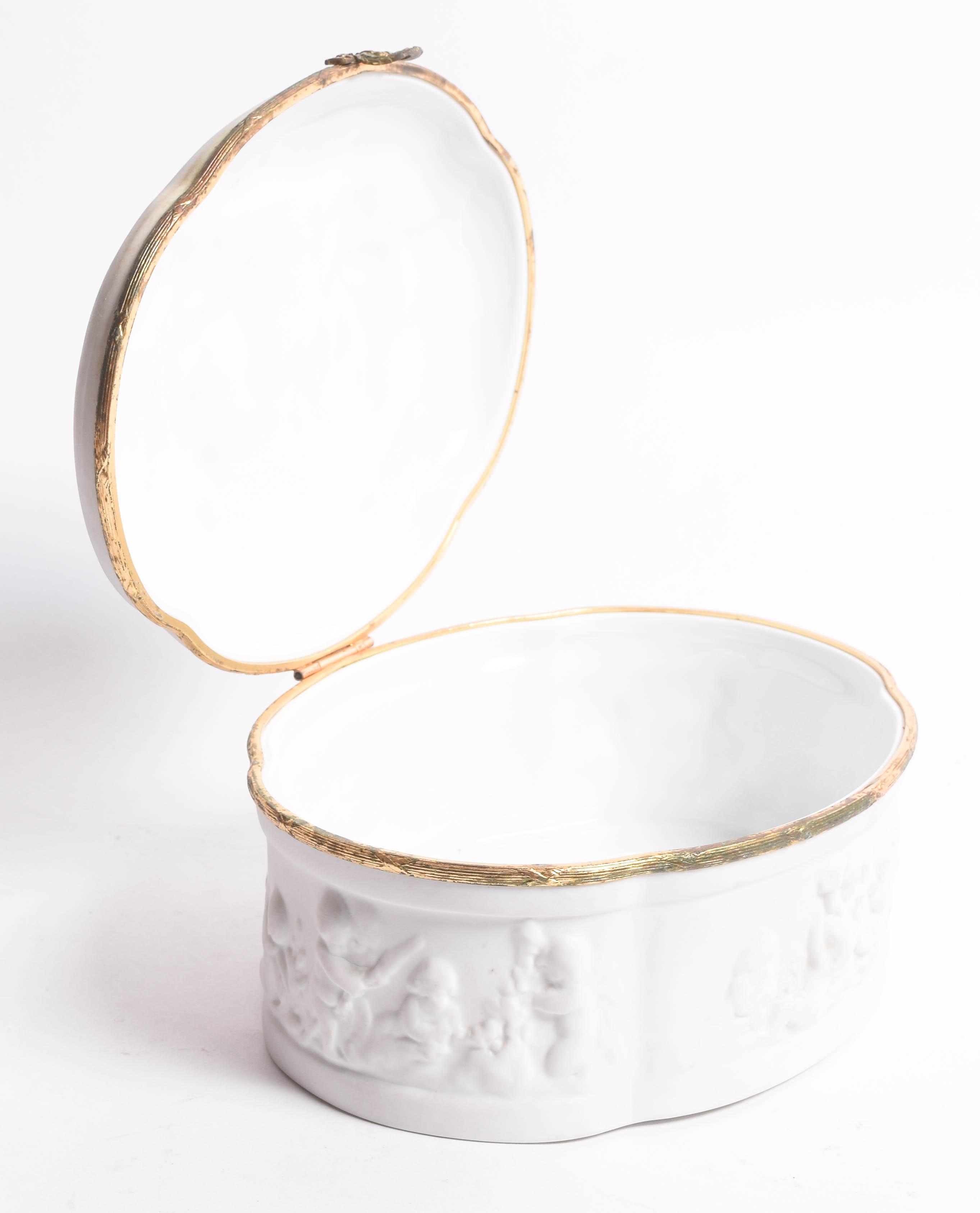 Limoges Porcelain Trinket Box with Raised Cherub Motif