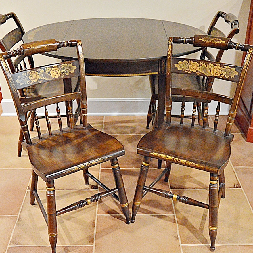 Stencil-Decorated Drop-Leaf Table and Four Side Chairs by L. Hitchcock