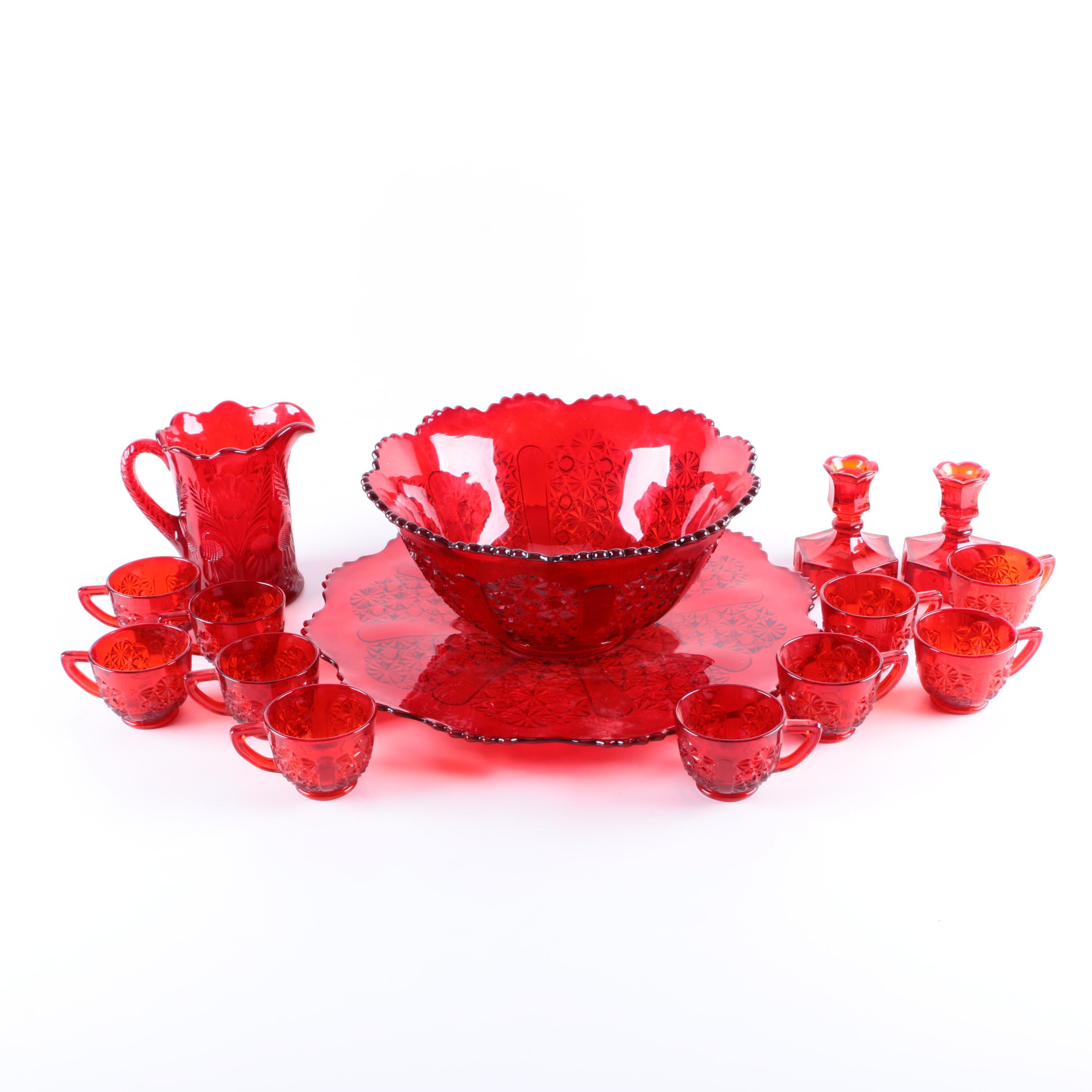 Pressed Ruby Glass Serveware and Décor including Mosser Glass "Inverted Thistle"