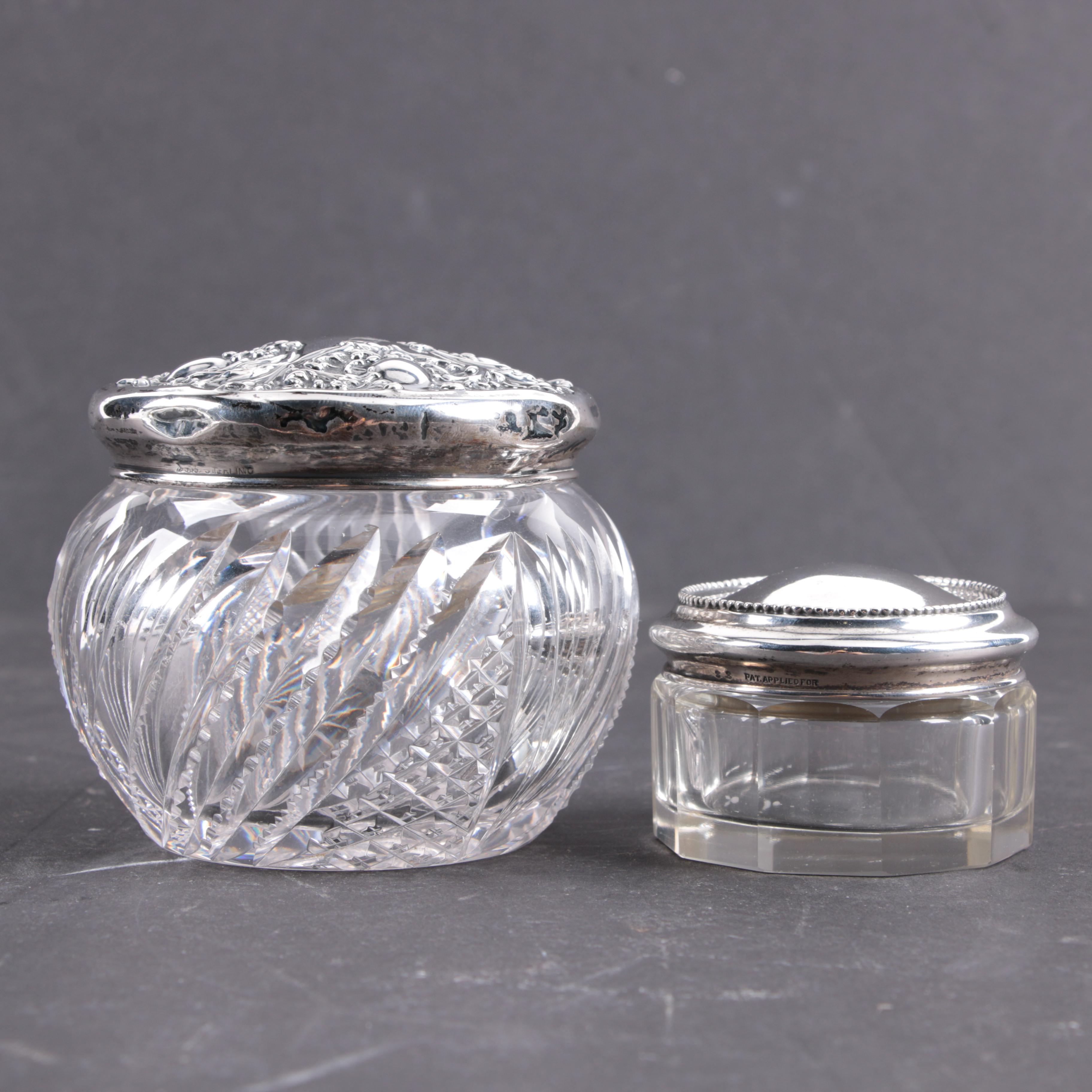 Two Sterling and Crystal Vanity Powder Jars