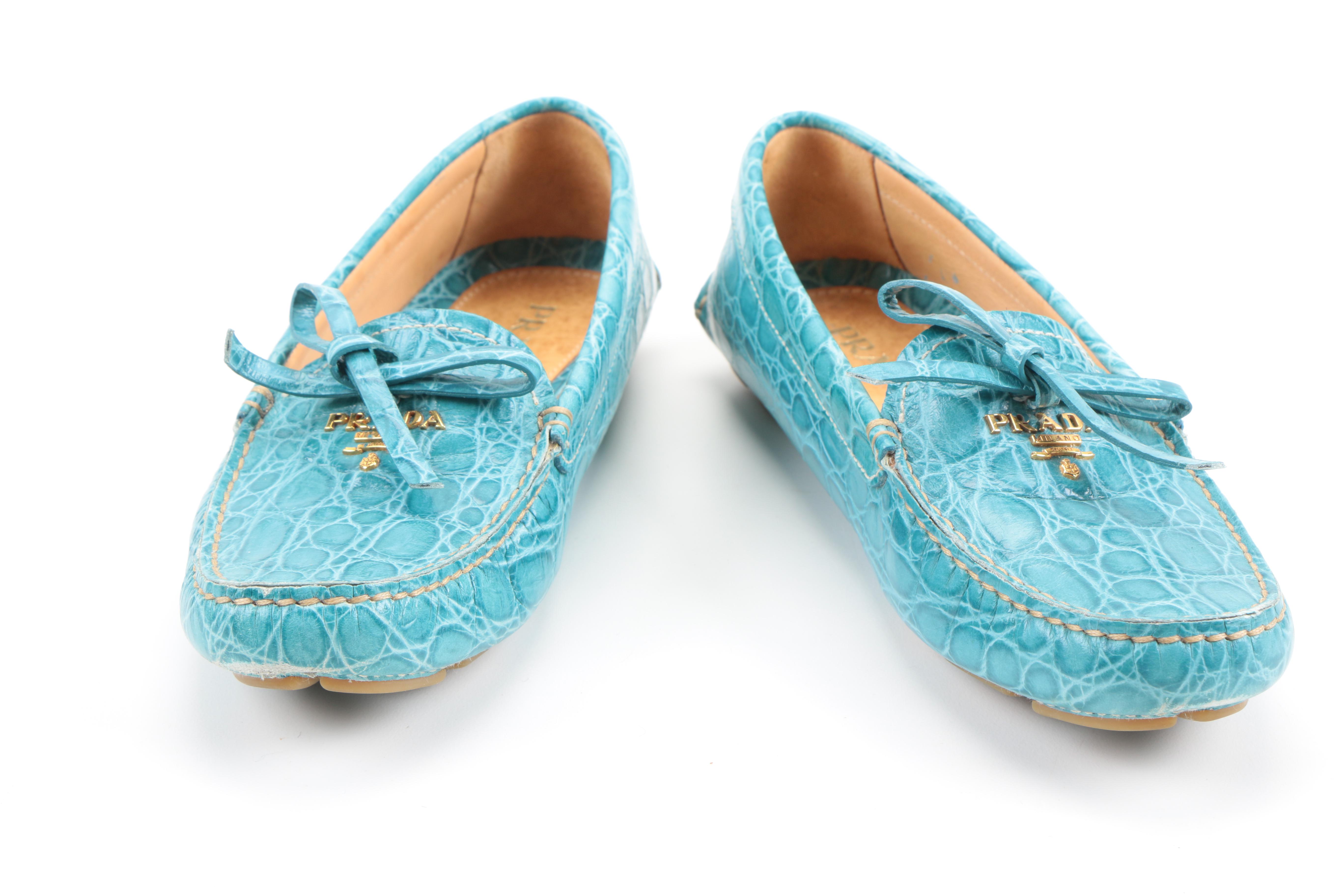 Prada Blue Embossed Leather Loafers