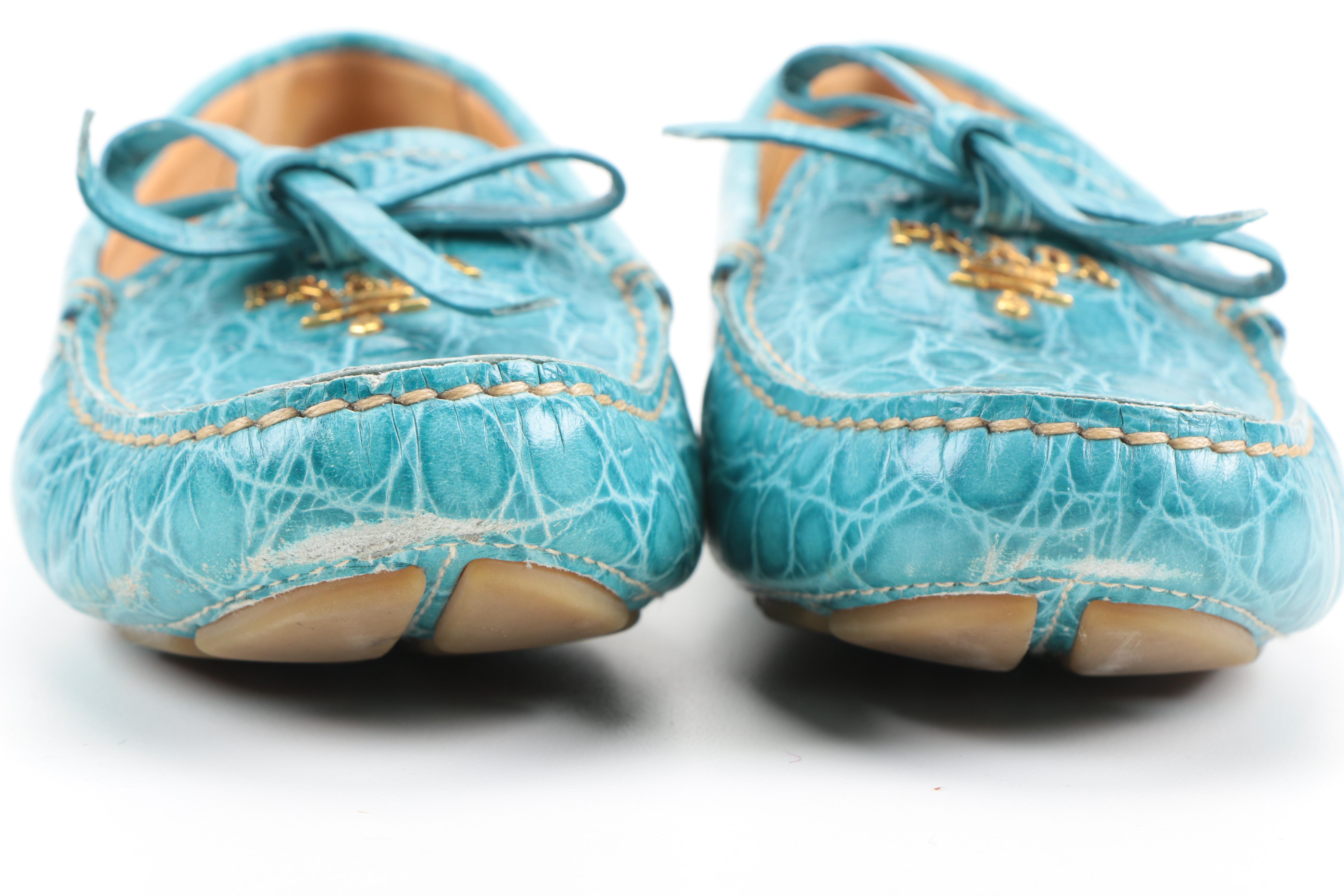 Prada Blue Embossed Leather Loafers