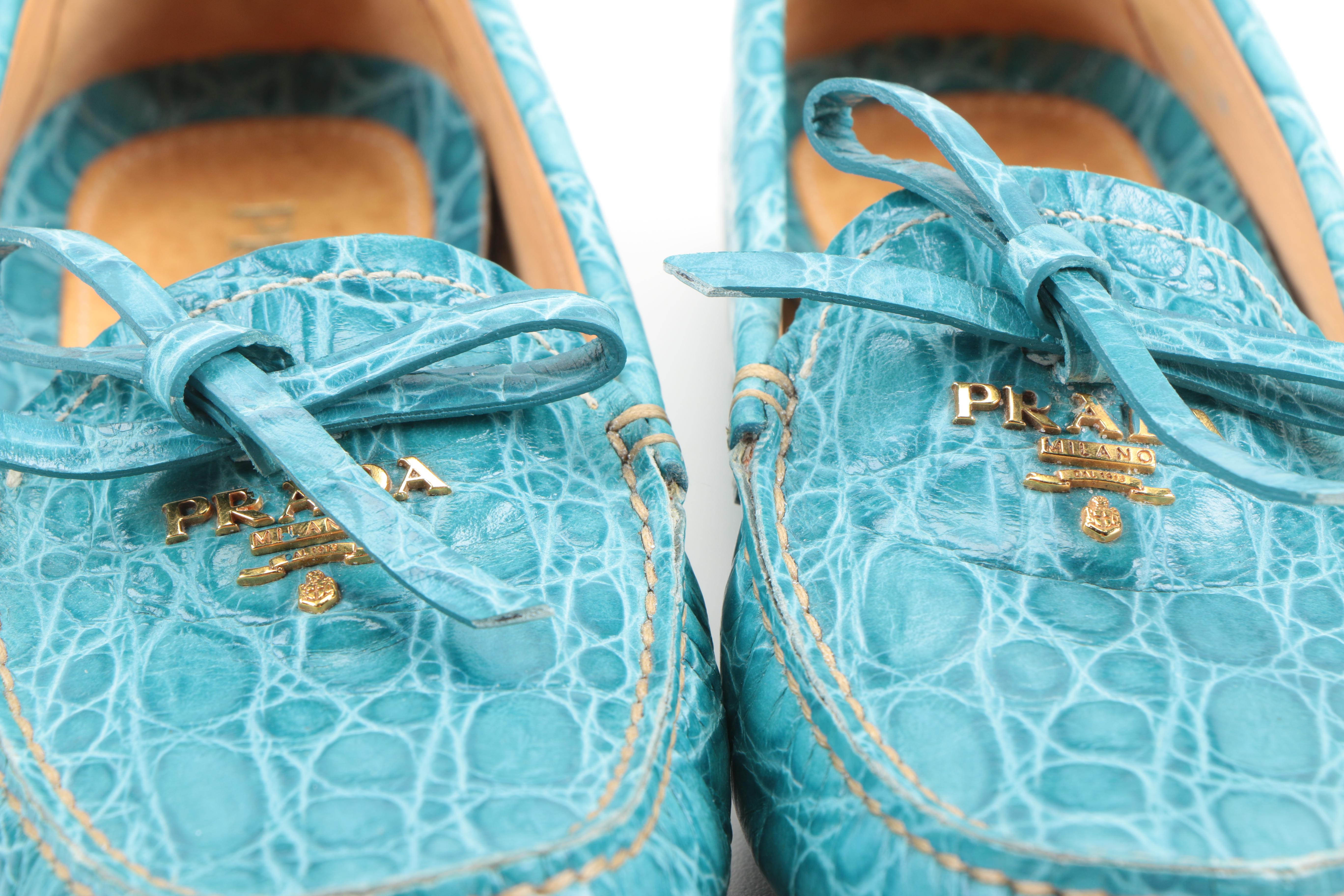 Prada Blue Embossed Leather Loafers