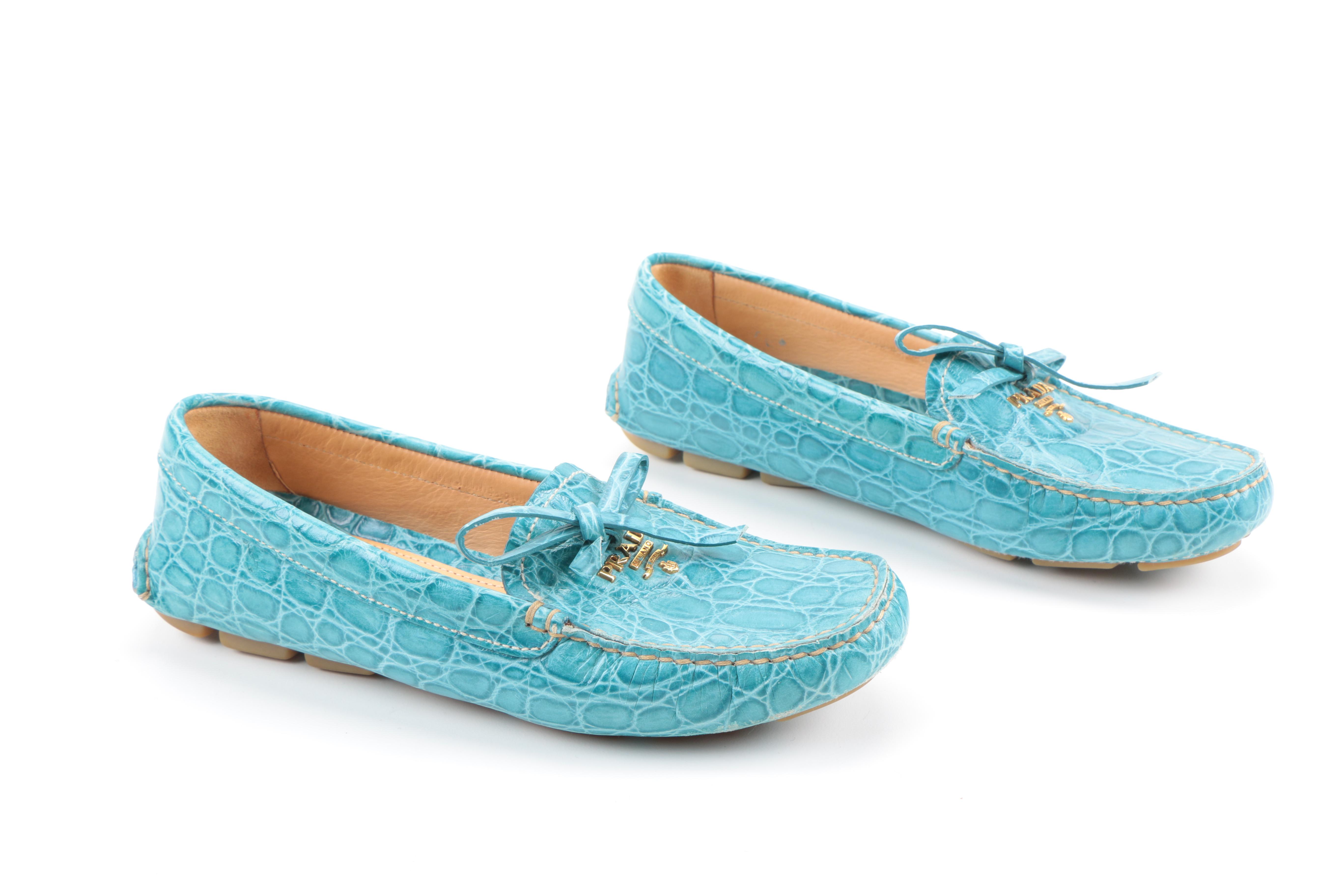 Prada Blue Embossed Leather Loafers