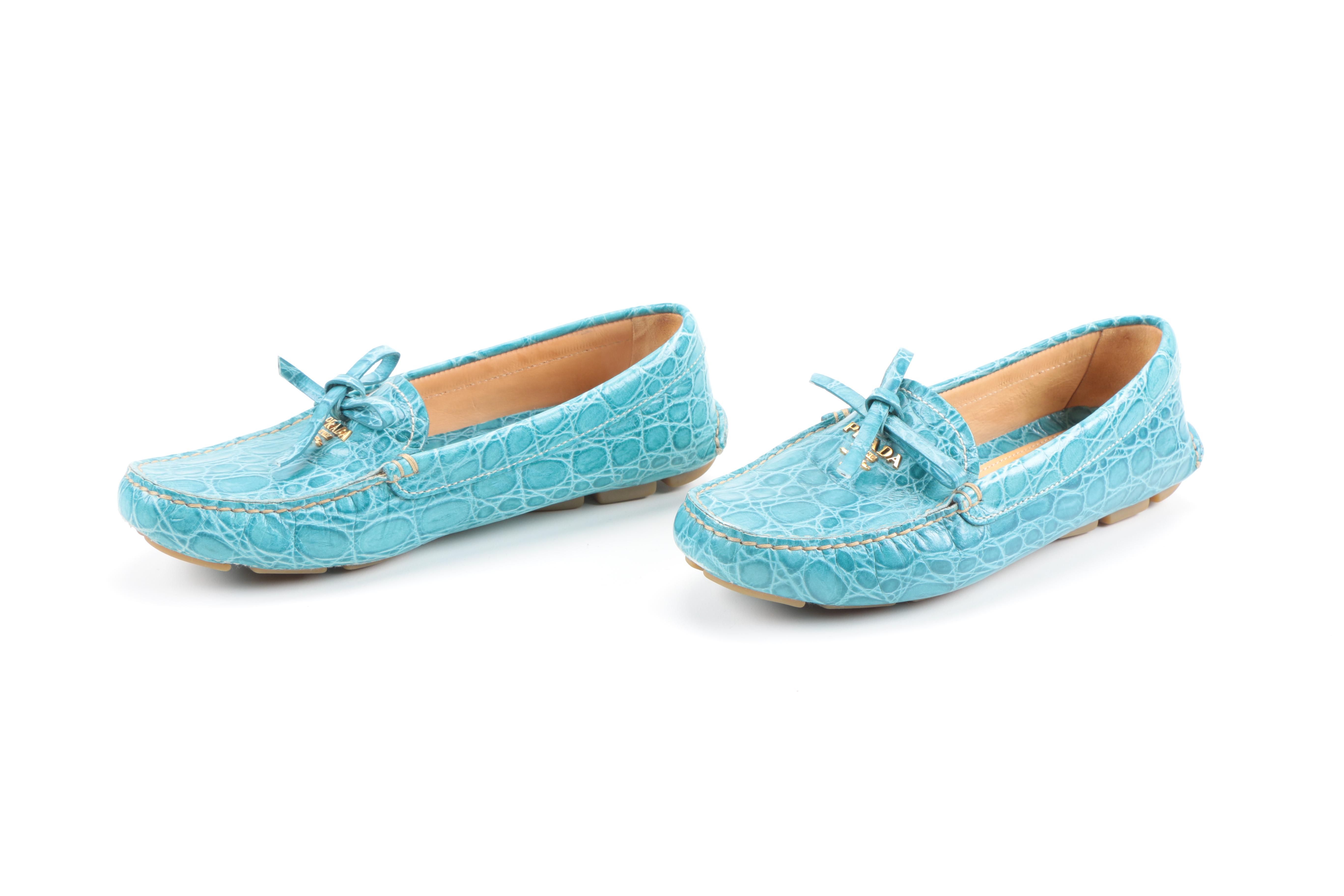 Prada Blue Embossed Leather Loafers
