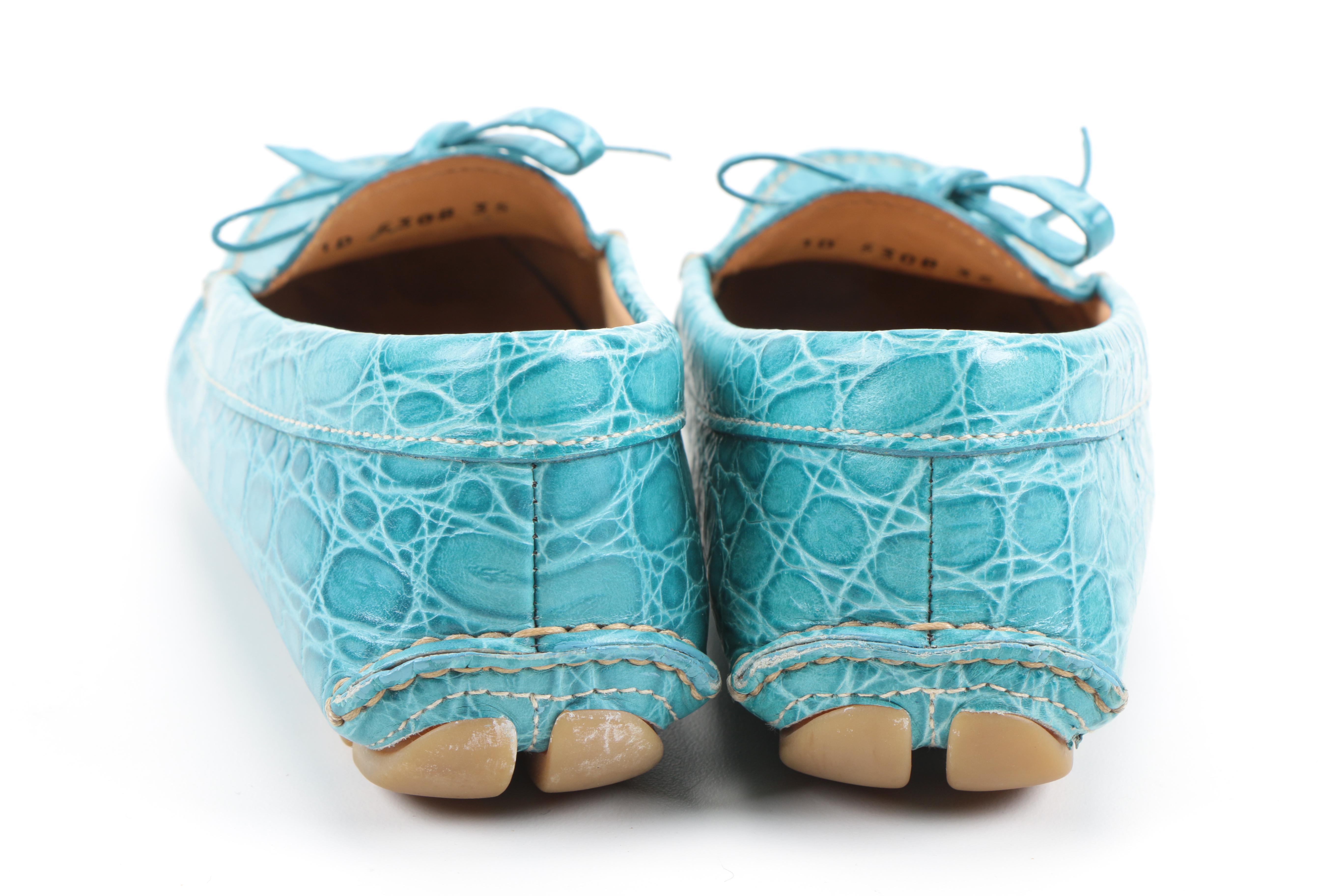 Prada Blue Embossed Leather Loafers