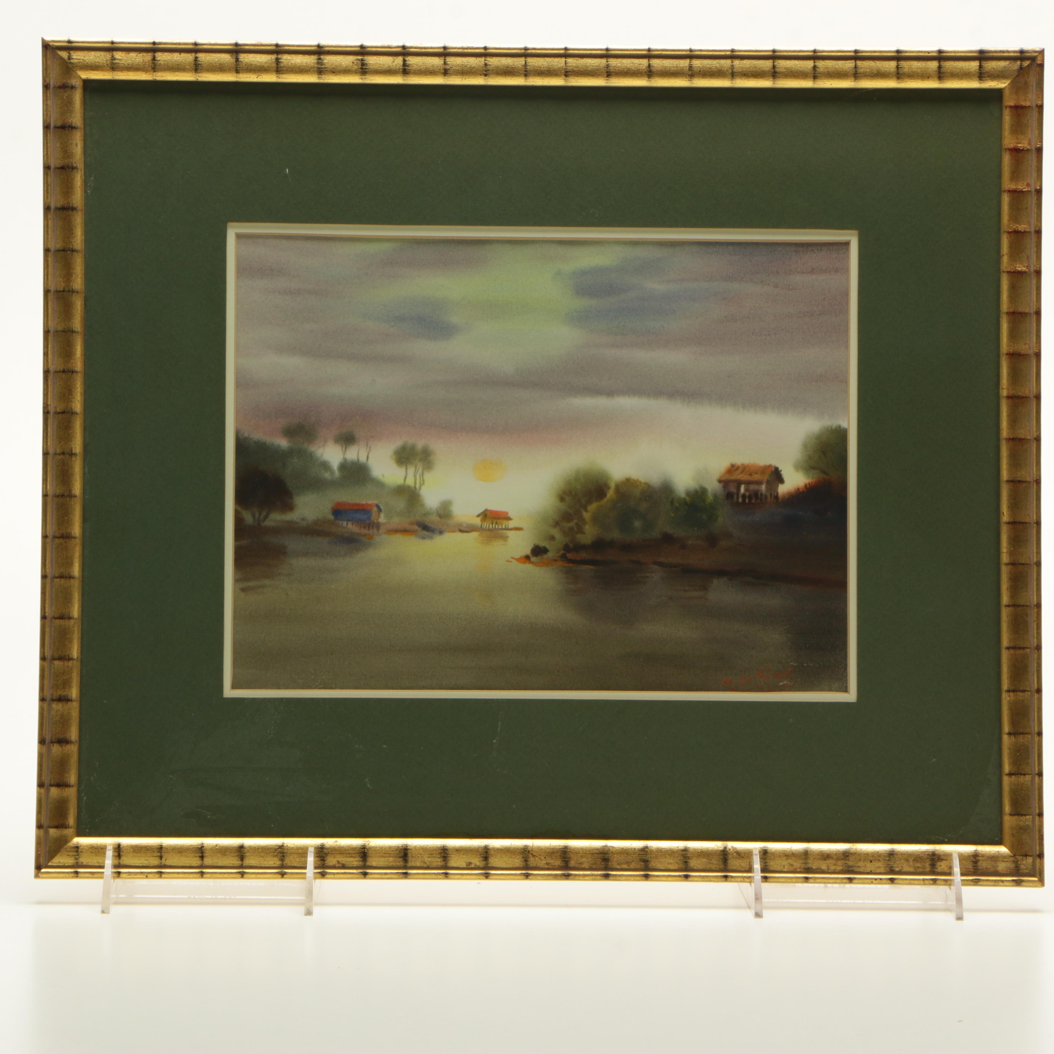 Mariano Ortuzar Watercolor of a Sunset Over Water