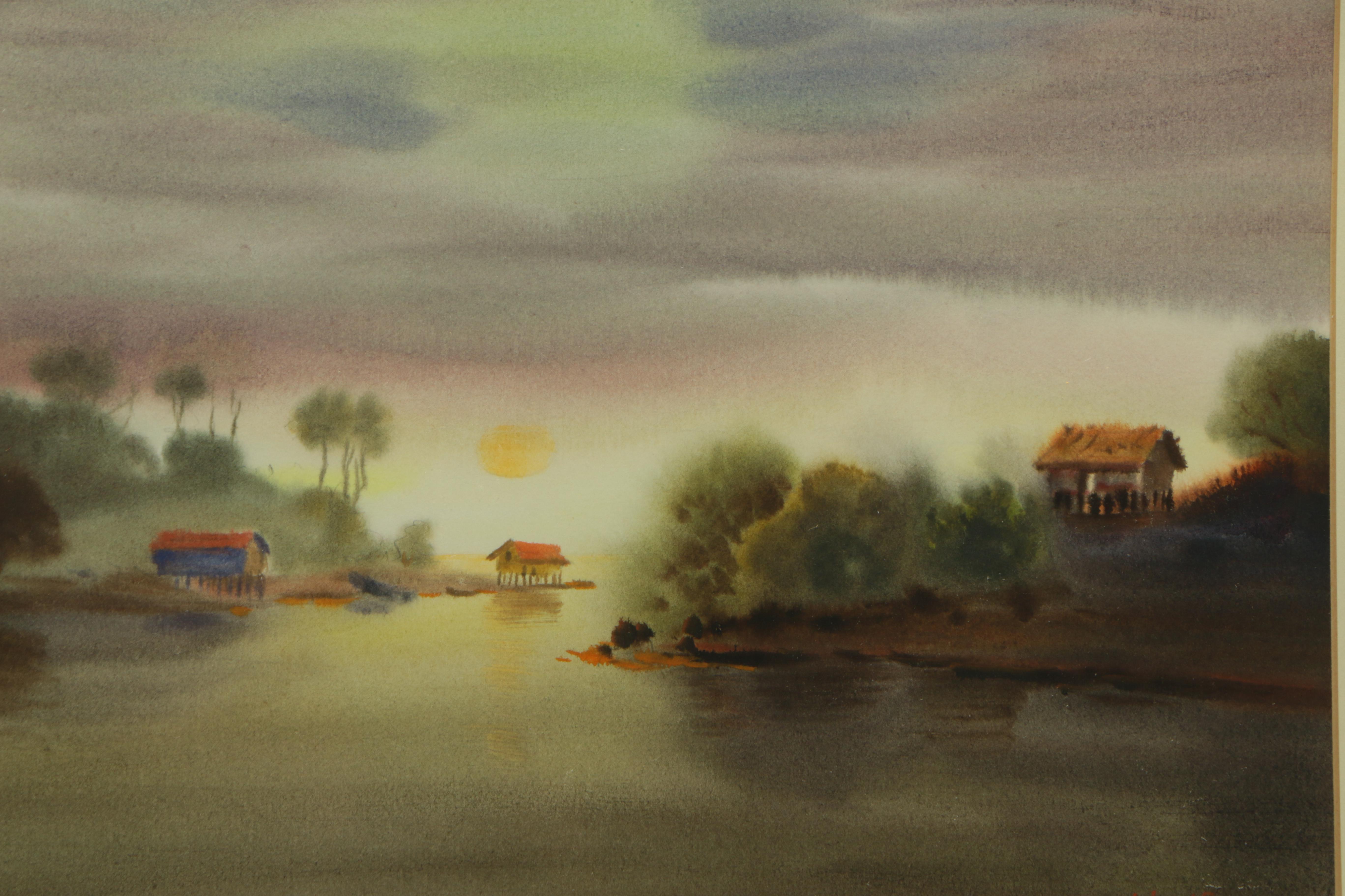 Mariano Ortuzar Watercolor of a Sunset Over Water