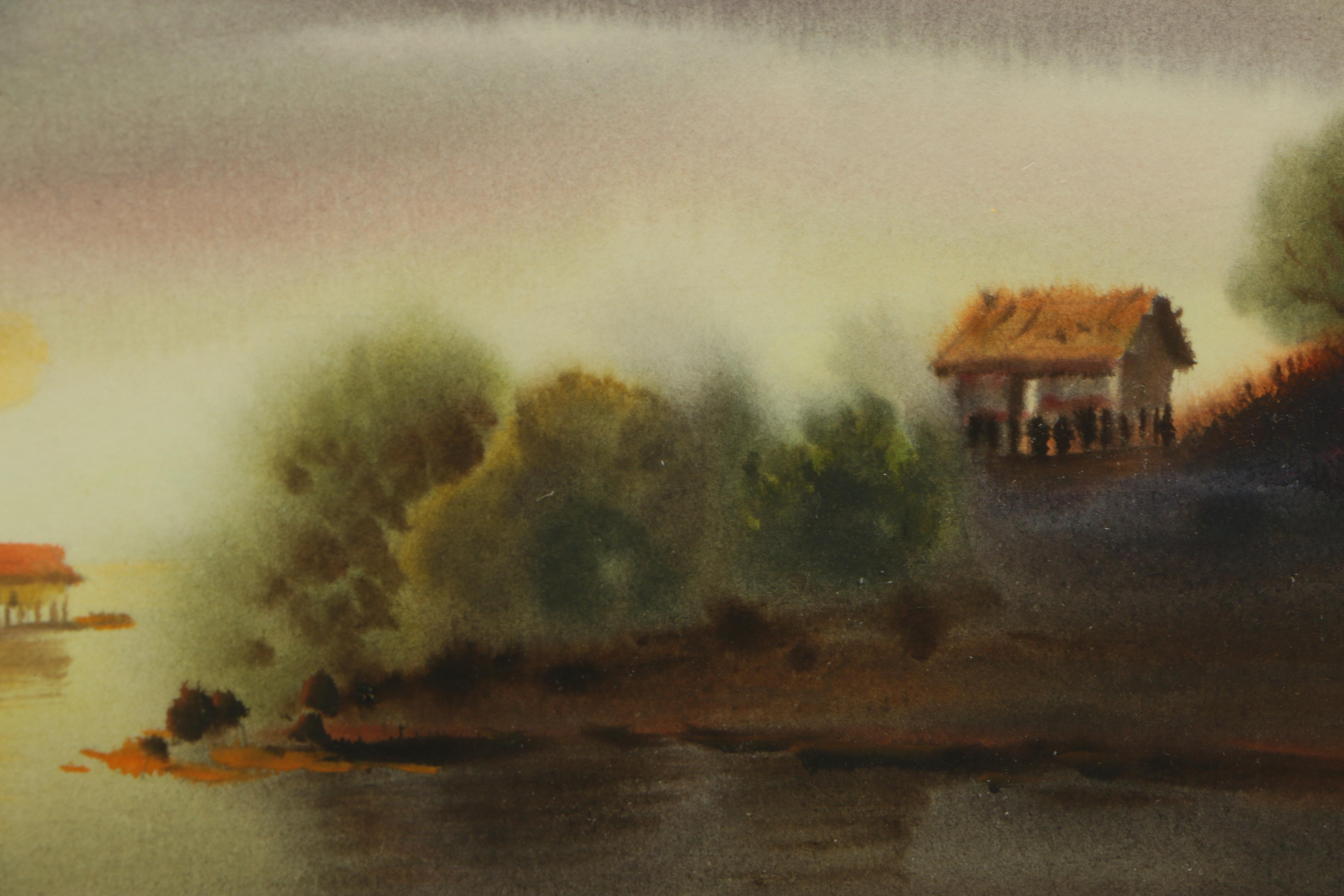 Mariano Ortuzar Watercolor of a Sunset Over Water