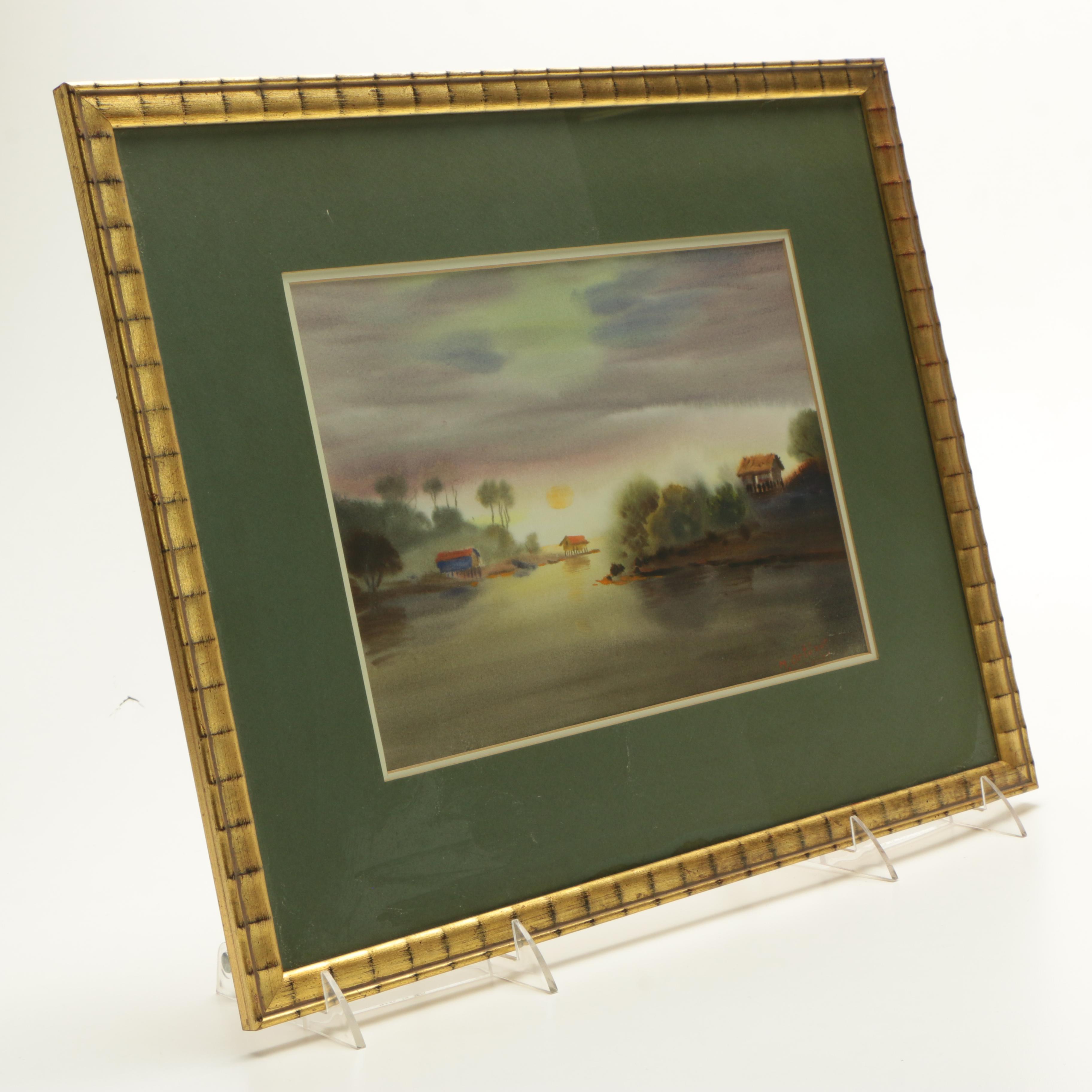 Mariano Ortuzar Watercolor of a Sunset Over Water