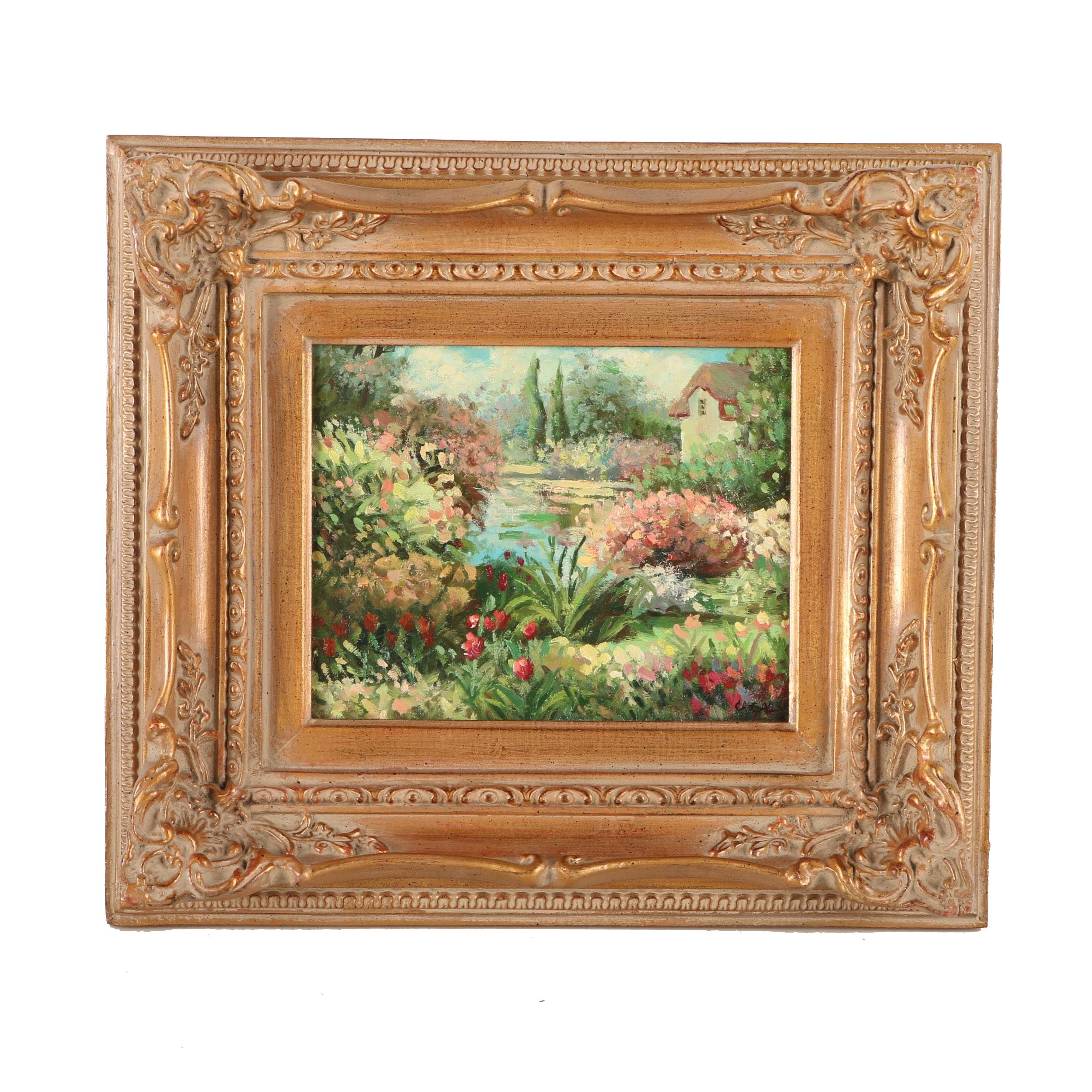 Cassal Oil Painting on Canvas of a Pond and Garden