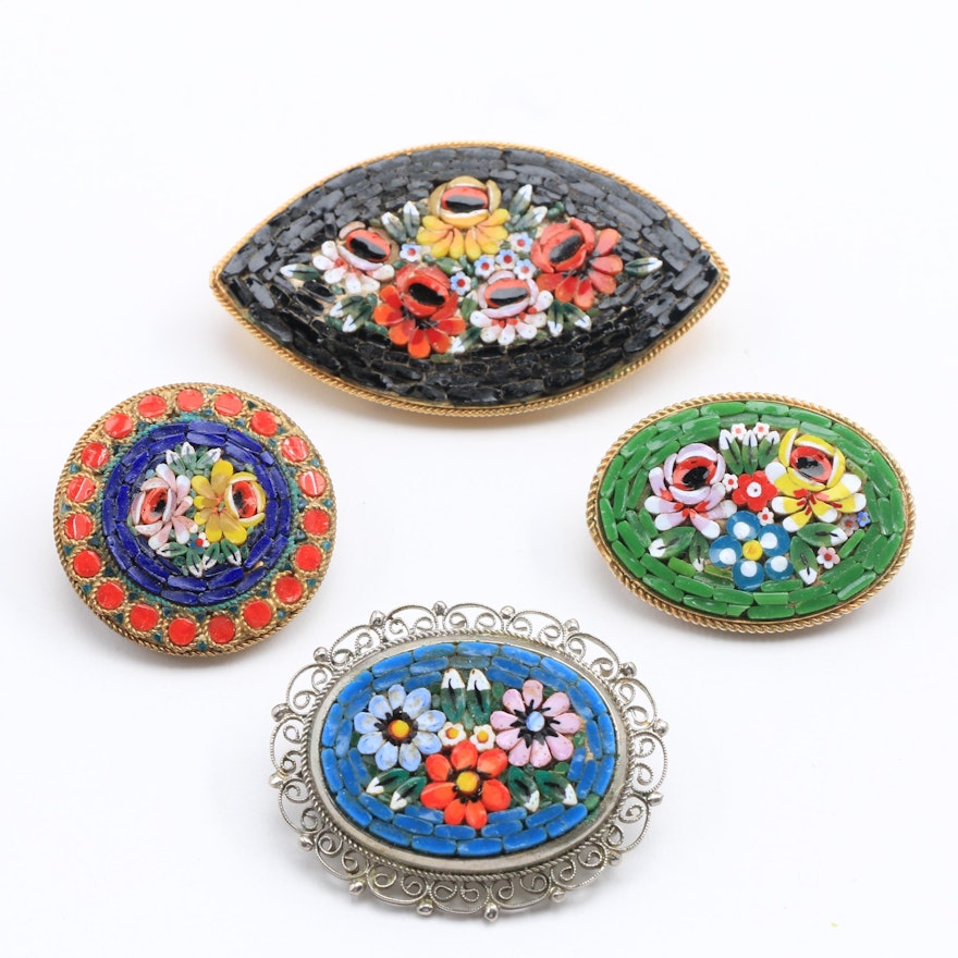 Four Italian Glass Mosaic Brooches