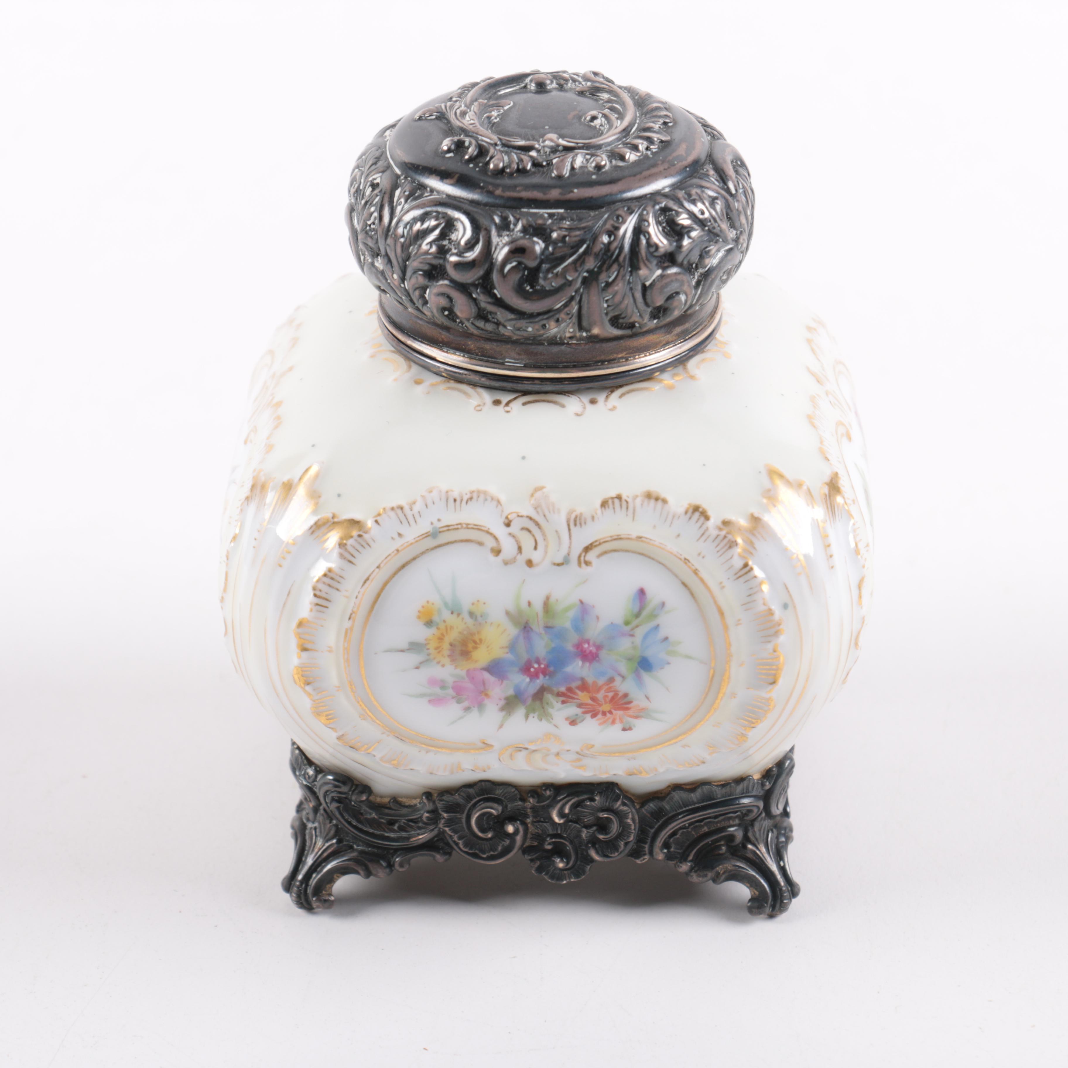 Helena Wolfsohn of Dresden Porcelain and Silver Plate Inkwell