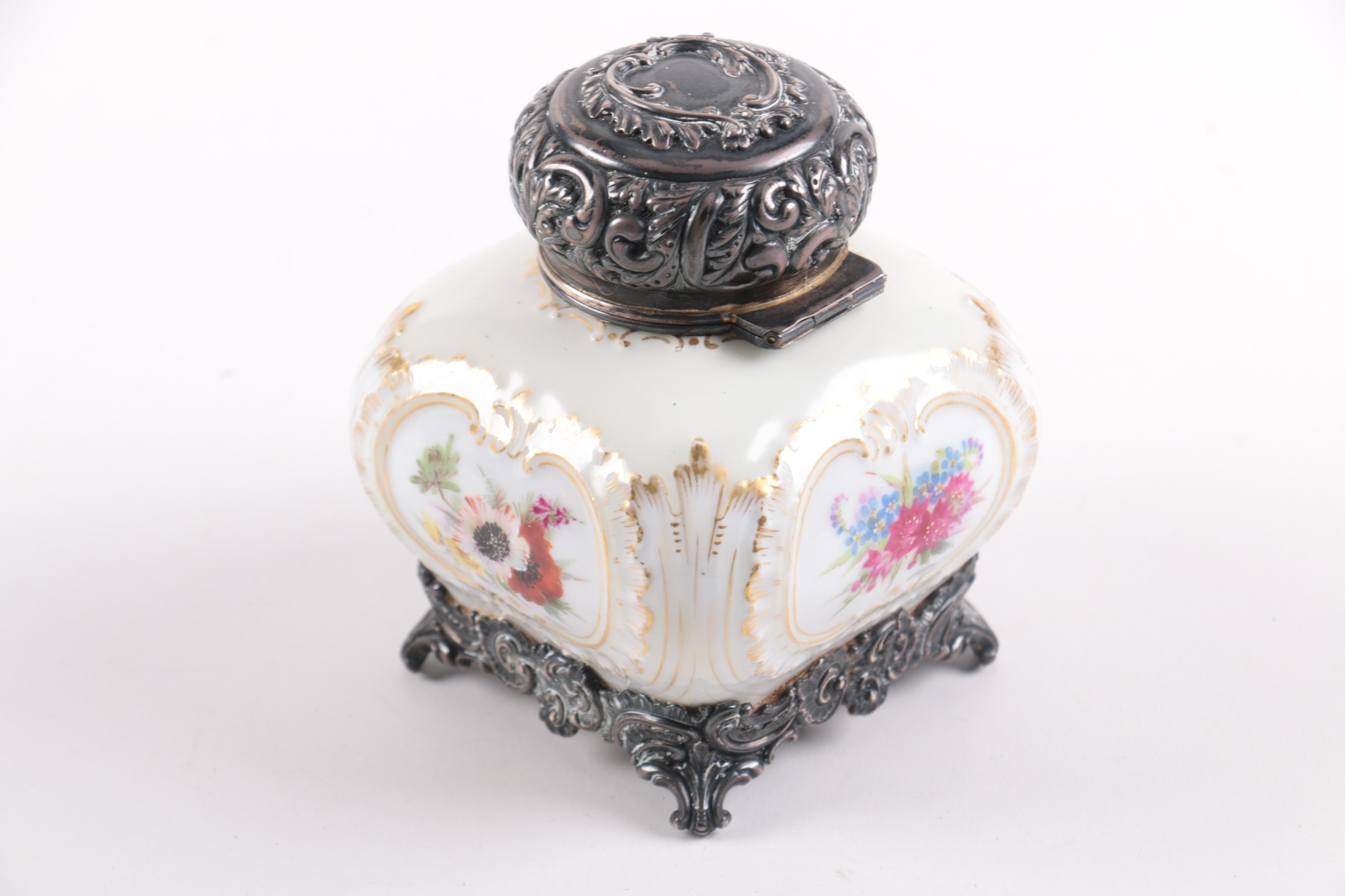 Helena Wolfsohn of Dresden Porcelain and Silver Plate Inkwell