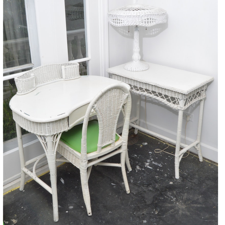 White Wicker Writing Desk, Chair, Side Table, and Table Lamp