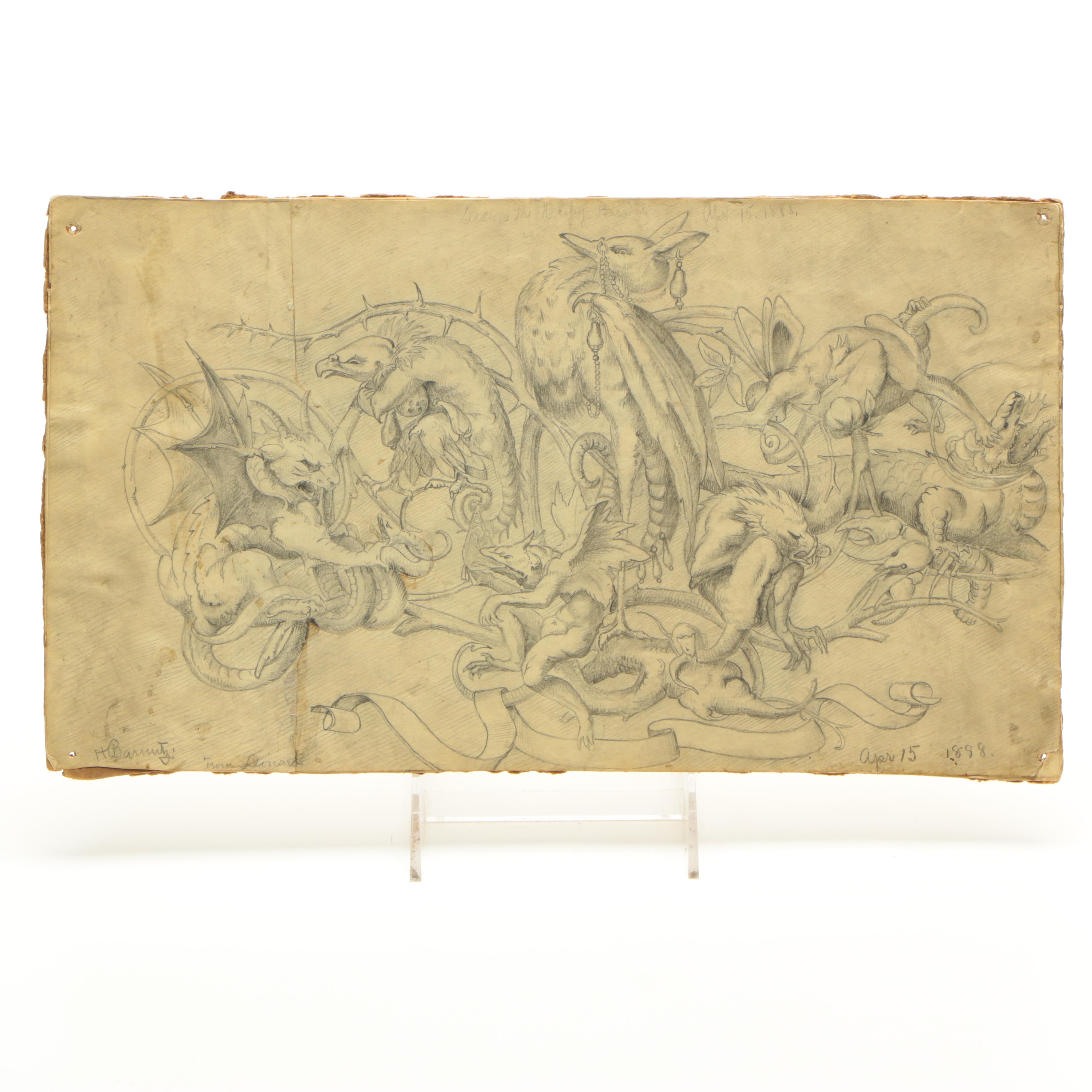 Signed Original 1888 Fantastical Graphite Drawing on Paper of Monsters