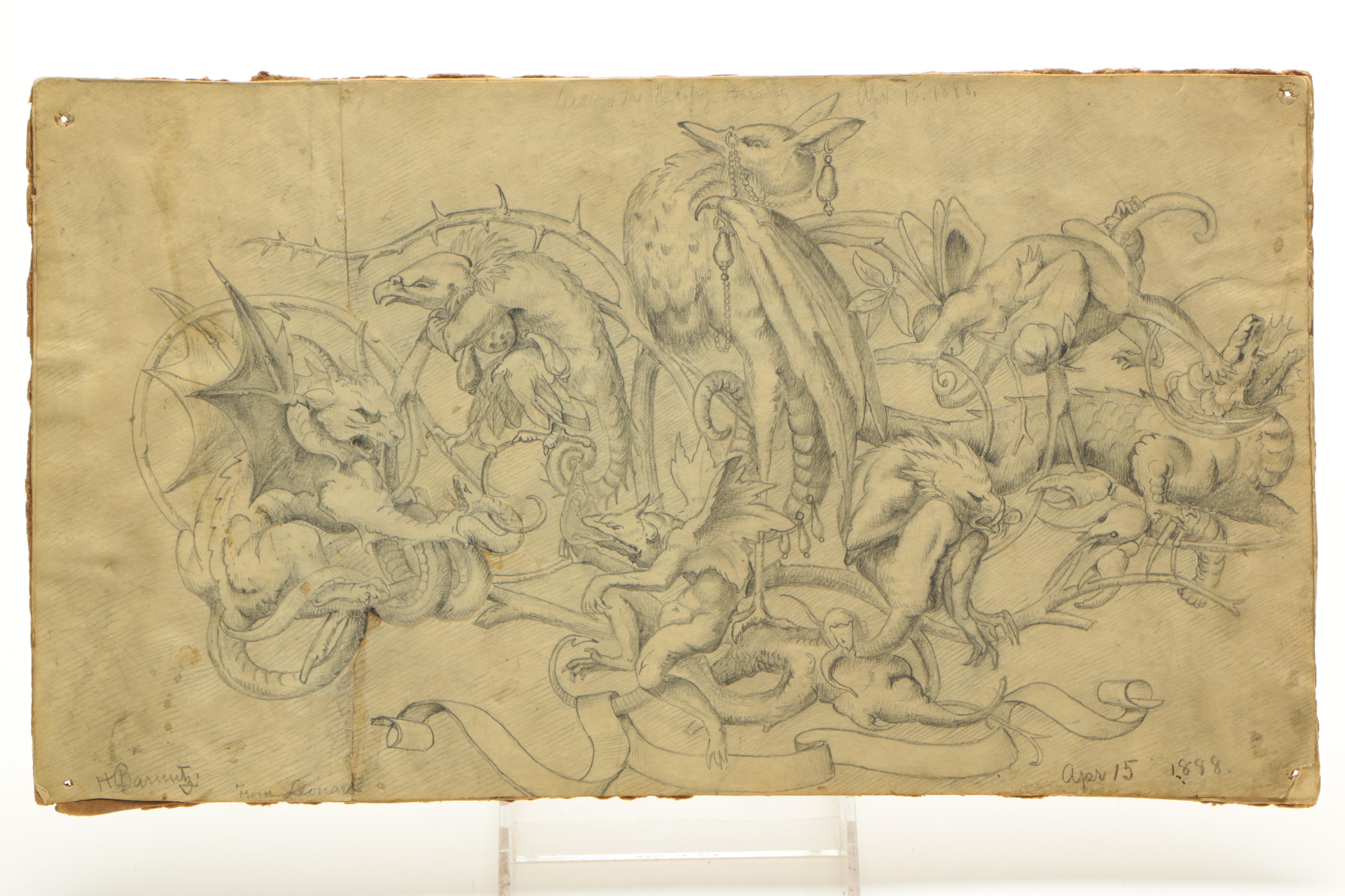 Signed Original 1888 Fantastical Graphite Drawing on Paper of Monsters