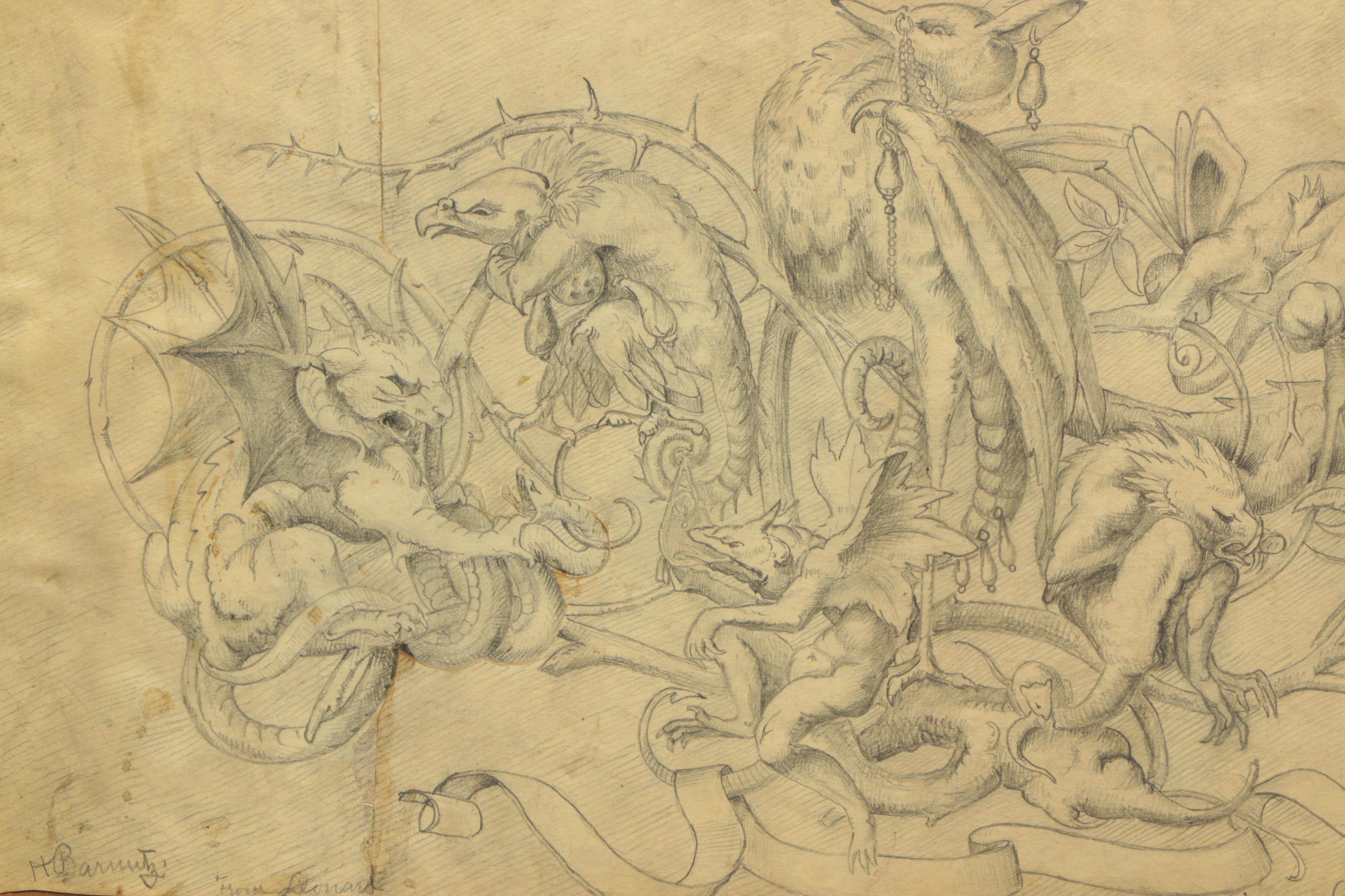 Signed Original 1888 Fantastical Graphite Drawing on Paper of Monsters