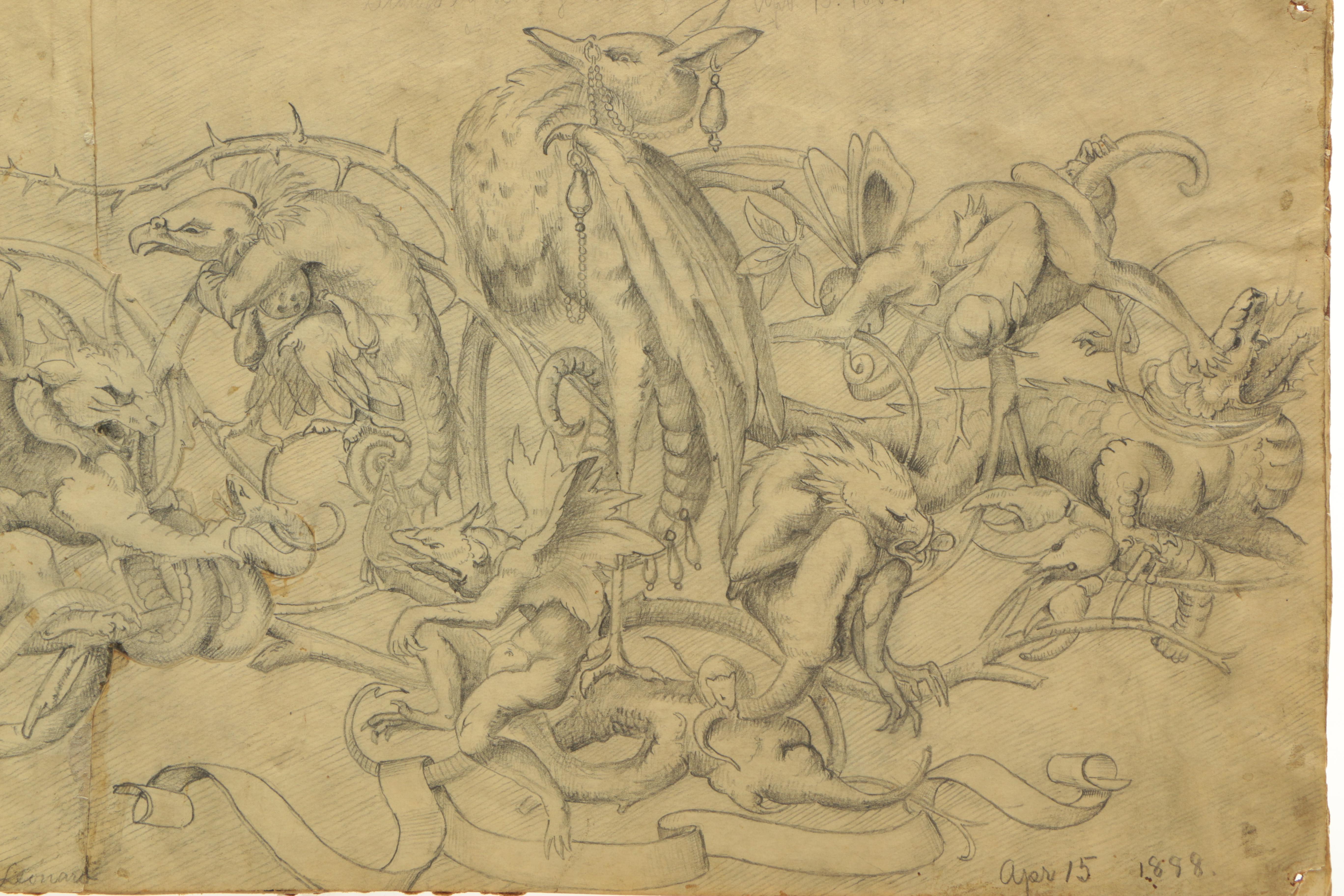 Signed Original 1888 Fantastical Graphite Drawing on Paper of Monsters