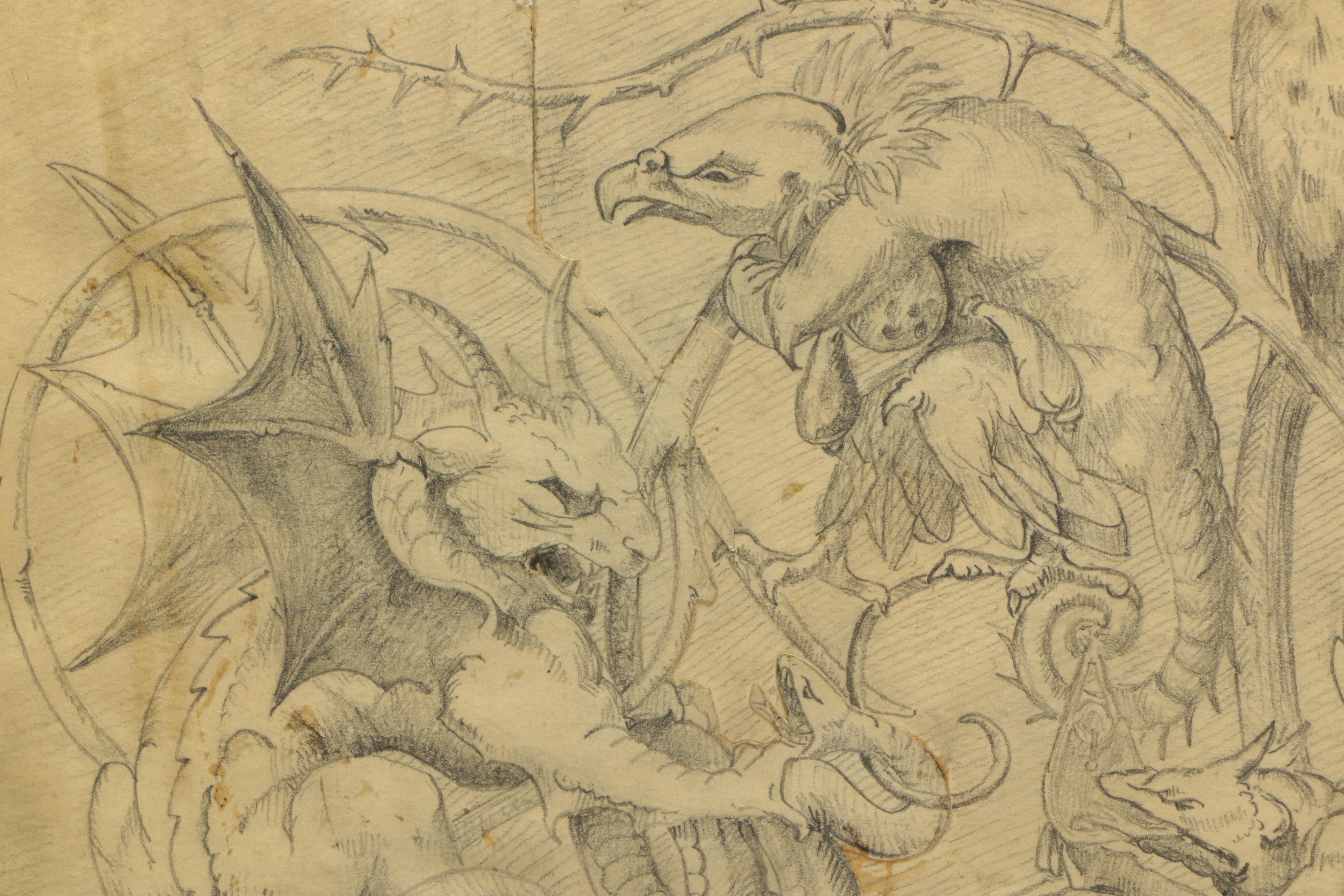 Signed Original 1888 Fantastical Graphite Drawing on Paper of Monsters