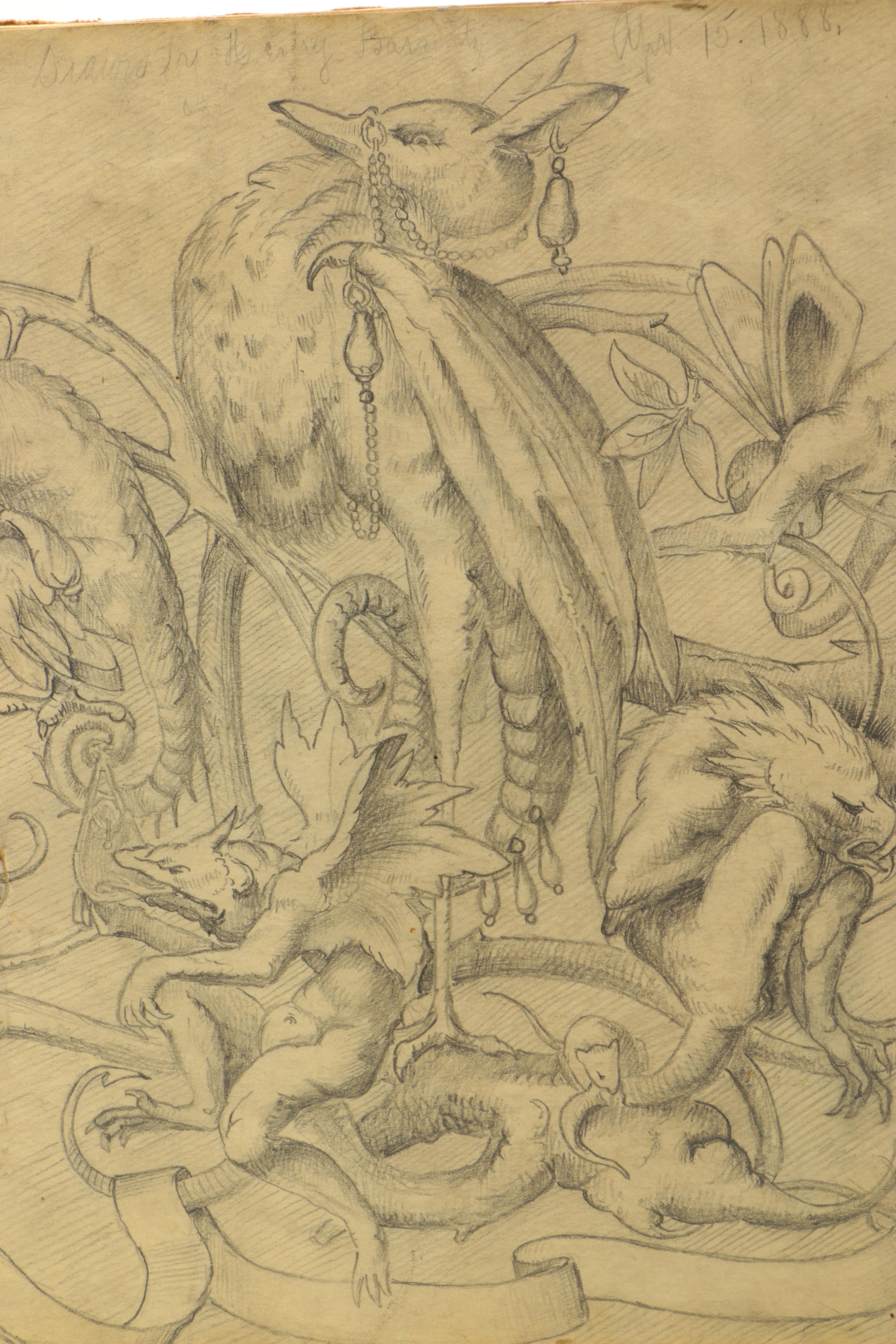 Signed Original 1888 Fantastical Graphite Drawing on Paper of Monsters