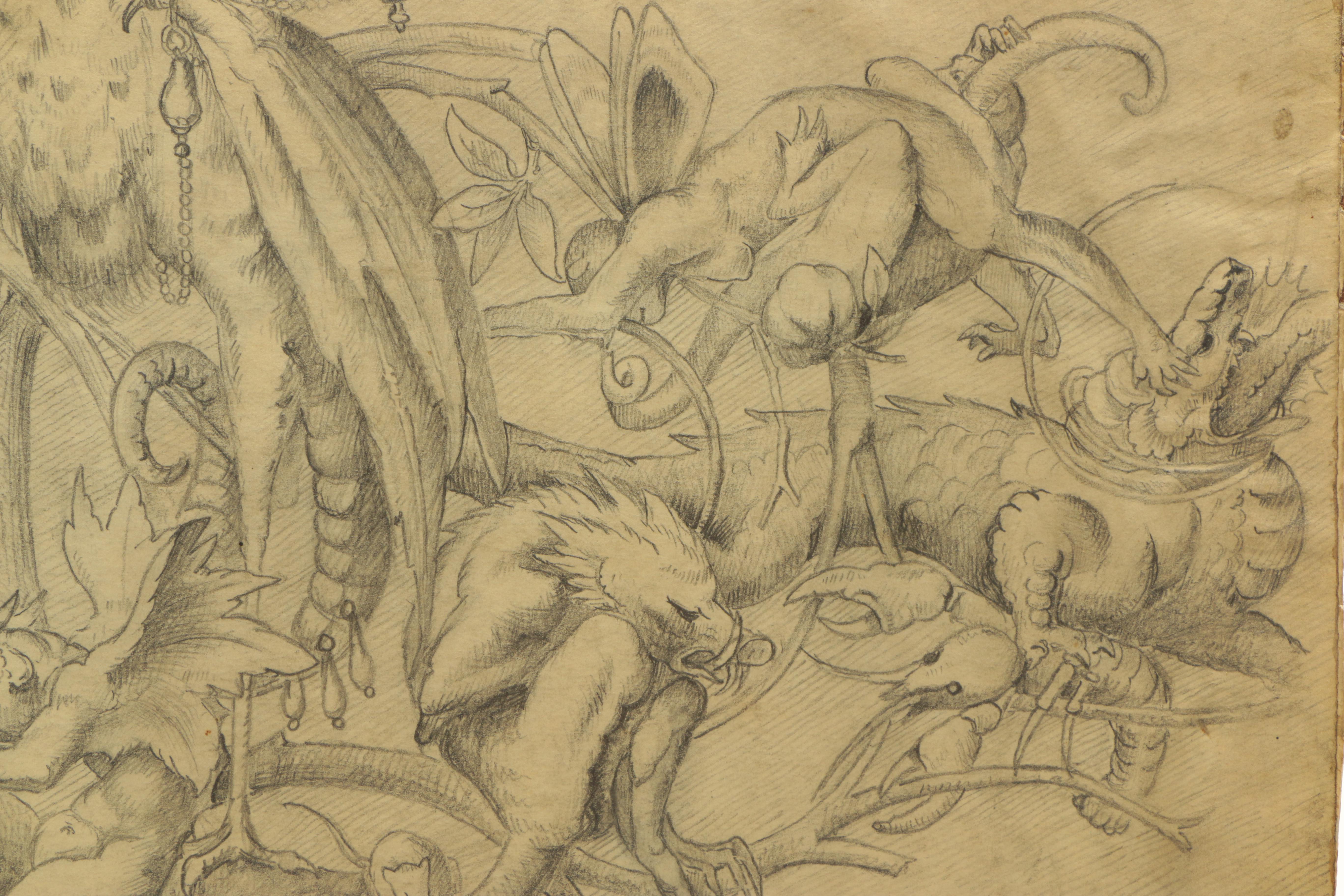 Signed Original 1888 Fantastical Graphite Drawing on Paper of Monsters