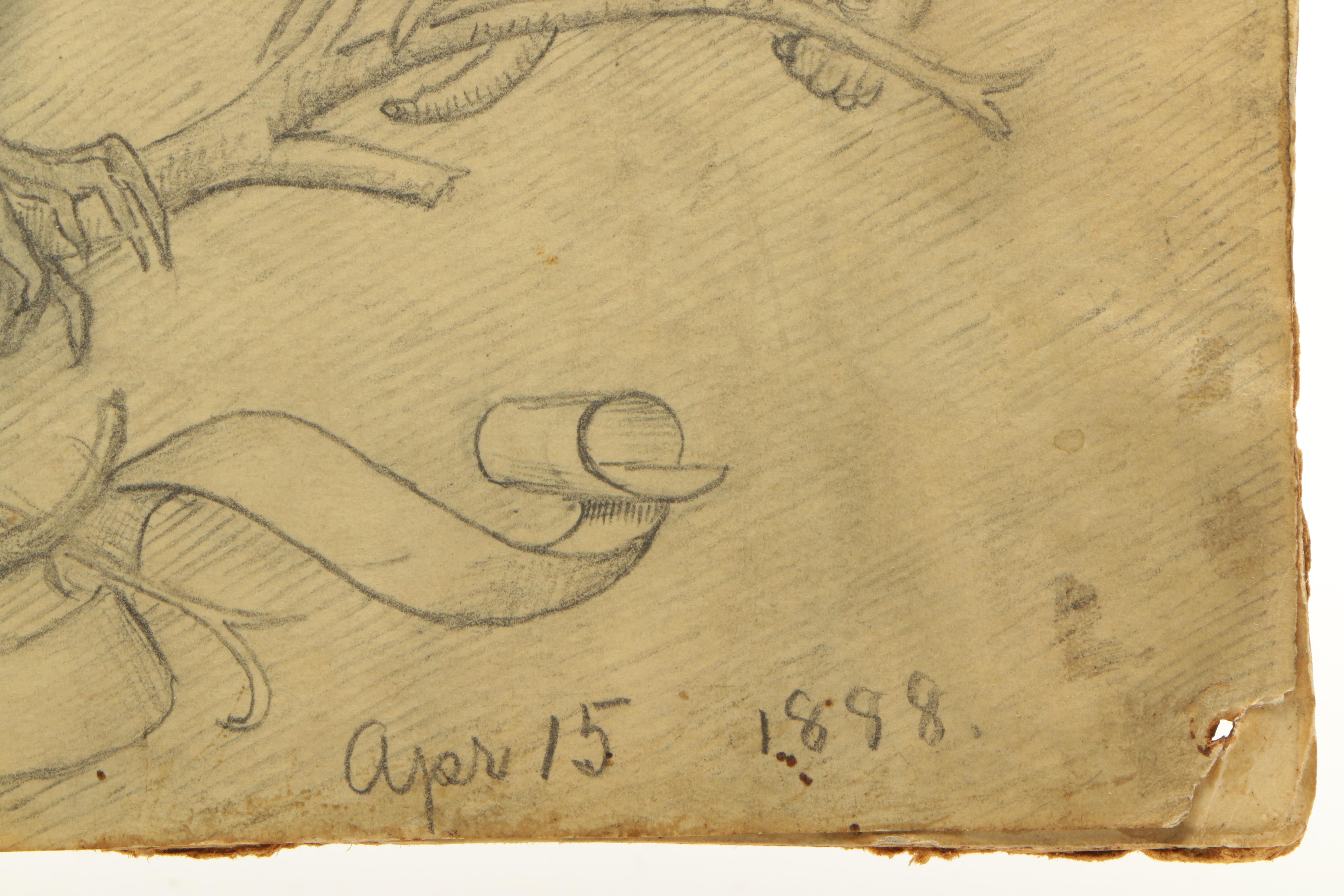 Signed Original 1888 Fantastical Graphite Drawing on Paper of Monsters