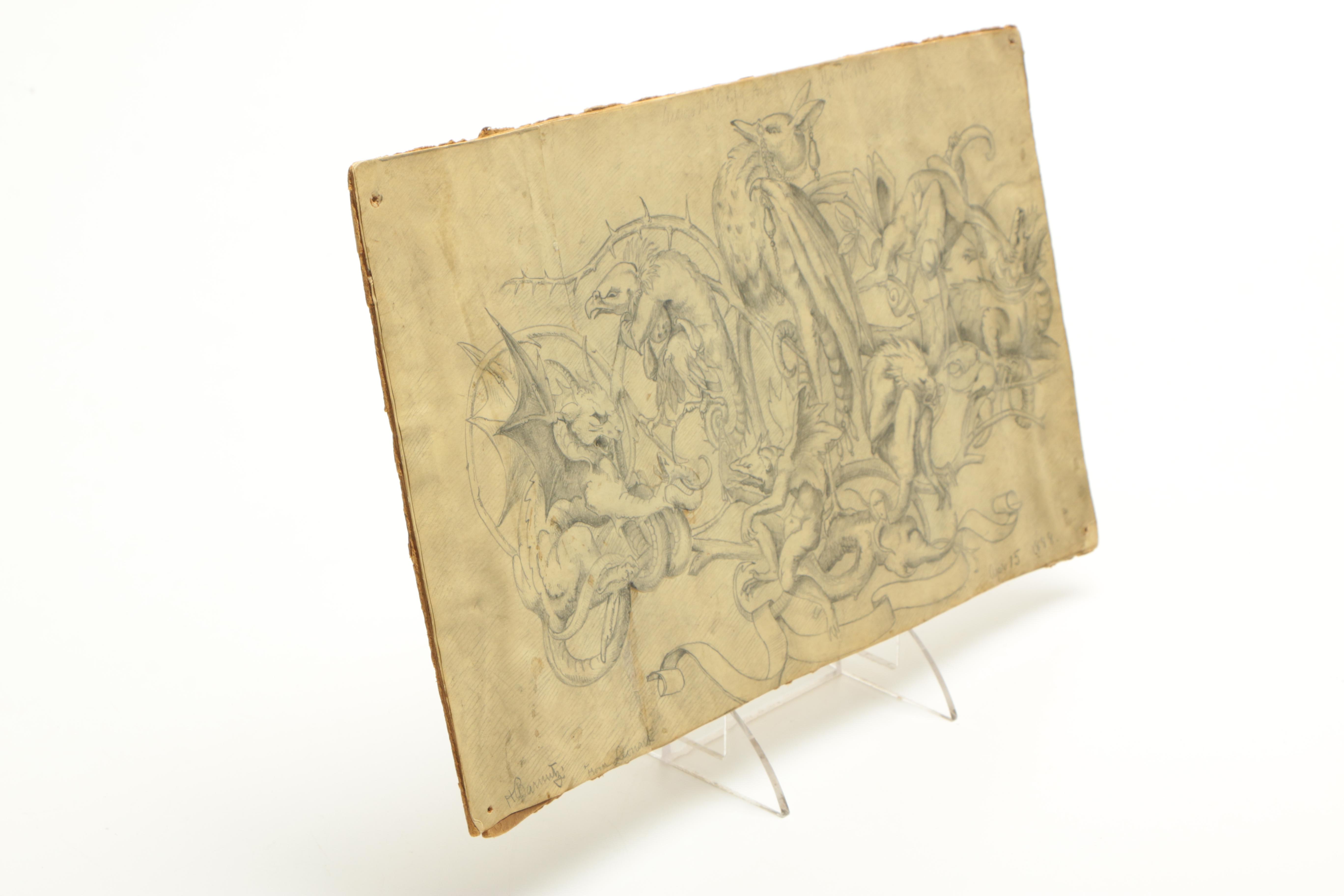 Signed Original 1888 Fantastical Graphite Drawing on Paper of Monsters