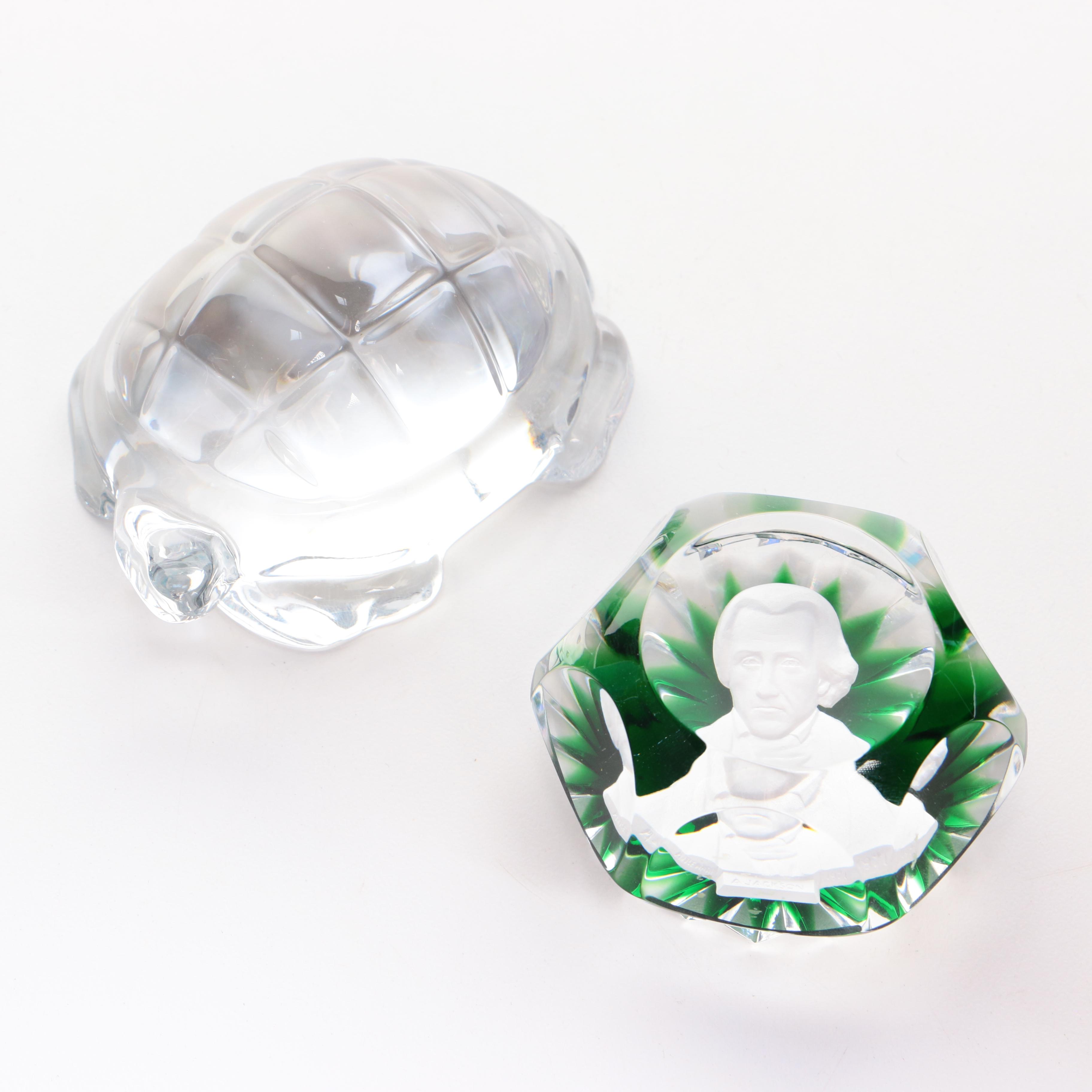 Baccarat Crystal Andrew Jackson Sulphide and Turtle Paperweights