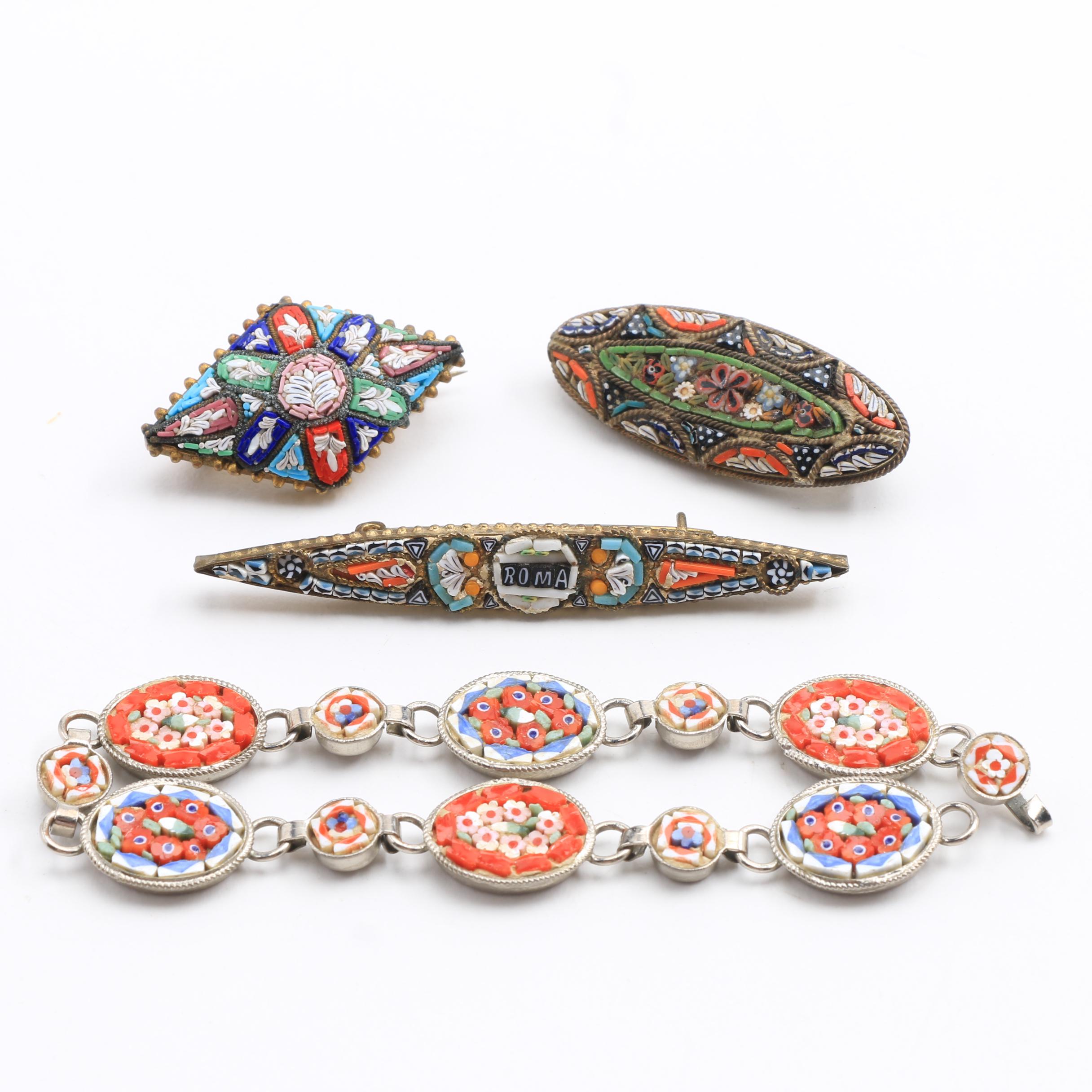 Three Italian Glass Micro Mosaic Brooches and Mosaic Bracelet