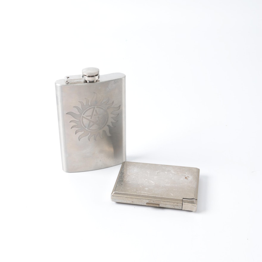 Flask with Cigarette Case and Lighter